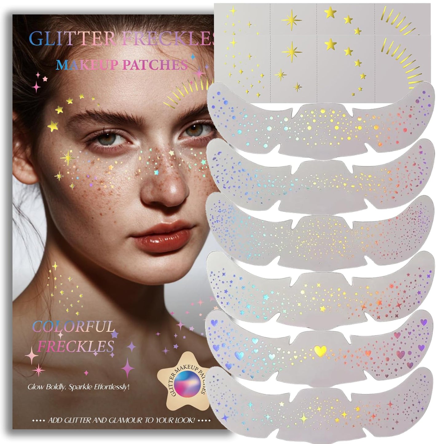 Glitter Freckles, Holographic Face and Body Glitter Tattoo Sparkle for Women Gold Glow Cosmetic Star Makeup Accessories for Festival Rave