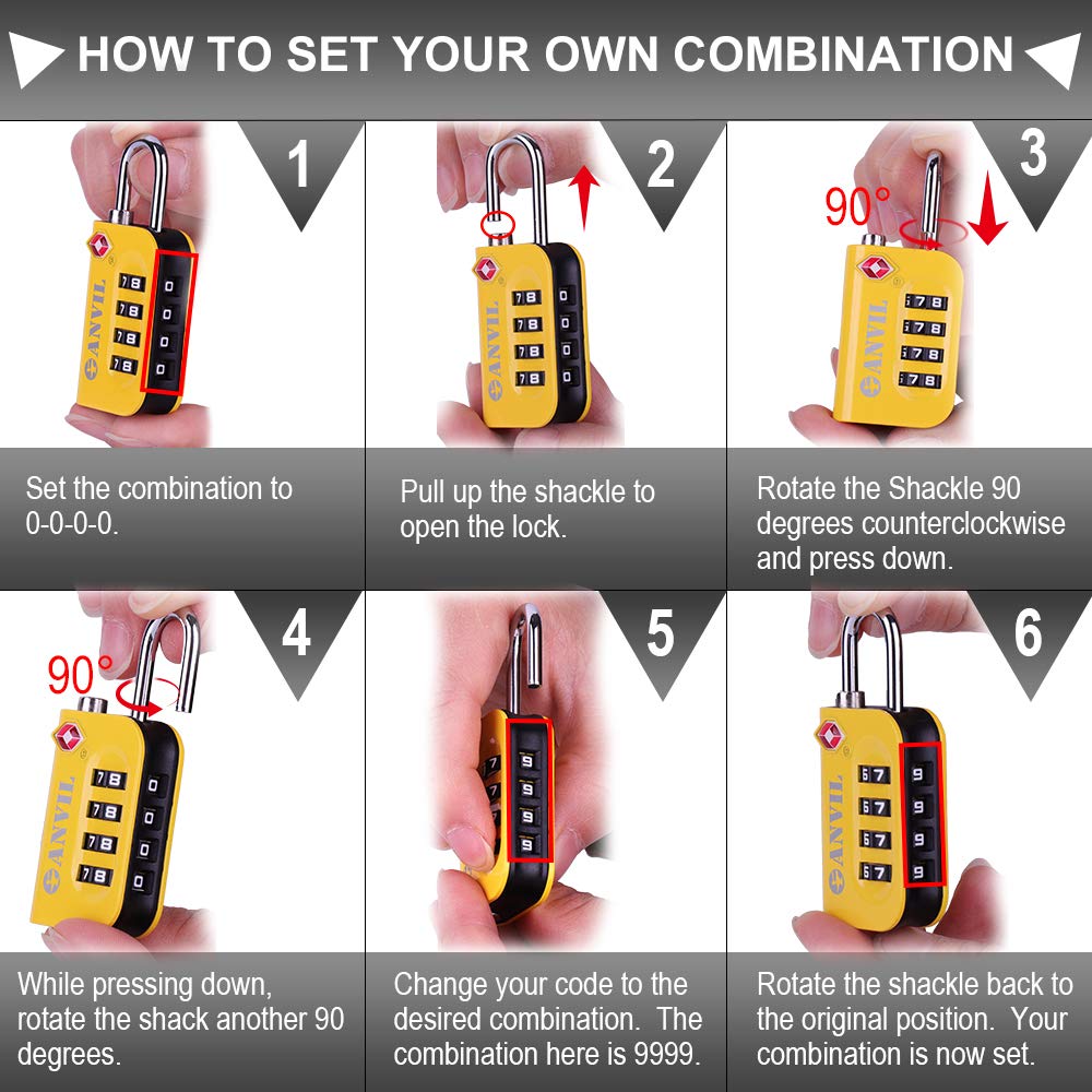 ANVIL TSA Approved Luggage Lock – 4-Digit Combo with Easy-Read Window, for Suitcases, Backpacks, Lockers – Yellow 2 Pack