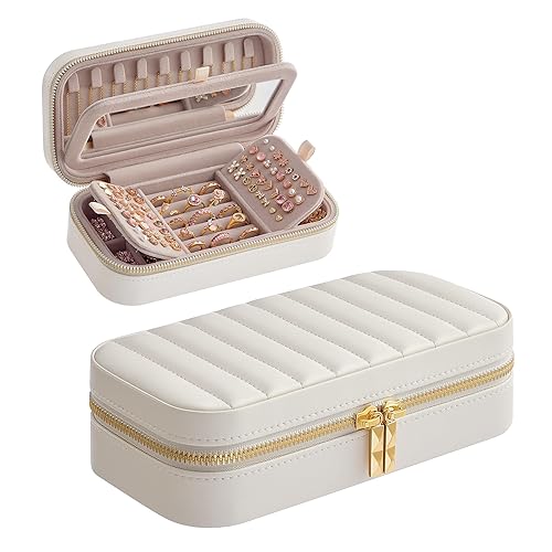 SONGMICS HOME Travel Jewelry Case, Travel Jewelry Box Organizer with Mirror, 4.1 x 8 x 2.4 Inches, Stitching, Portable, Gift Idea, Cloud White…