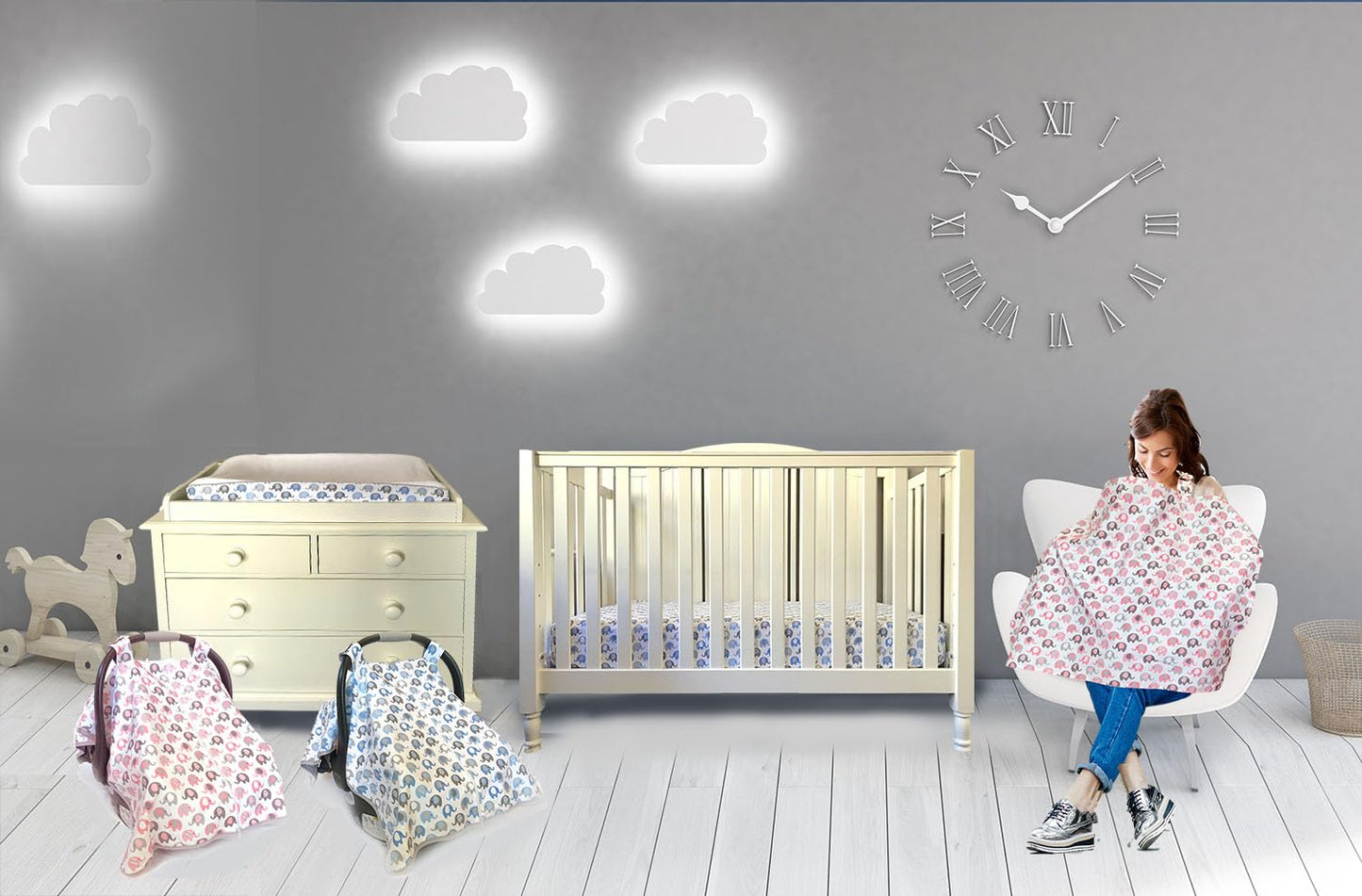 Vera Elephant 100% Breathable Cotton Baby Car Seat Cover (Blue Grey)