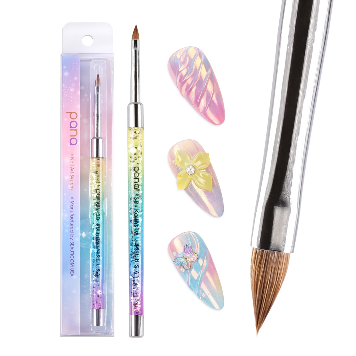 PANA Kolinsky 3D Acrylic Nail Brushes with Liquid Glitter Handle - For Professional Acrylic Powder Liquid Manicure Pedicure (Rainbow Color, Size #4) Beauty & Personal Care PANA