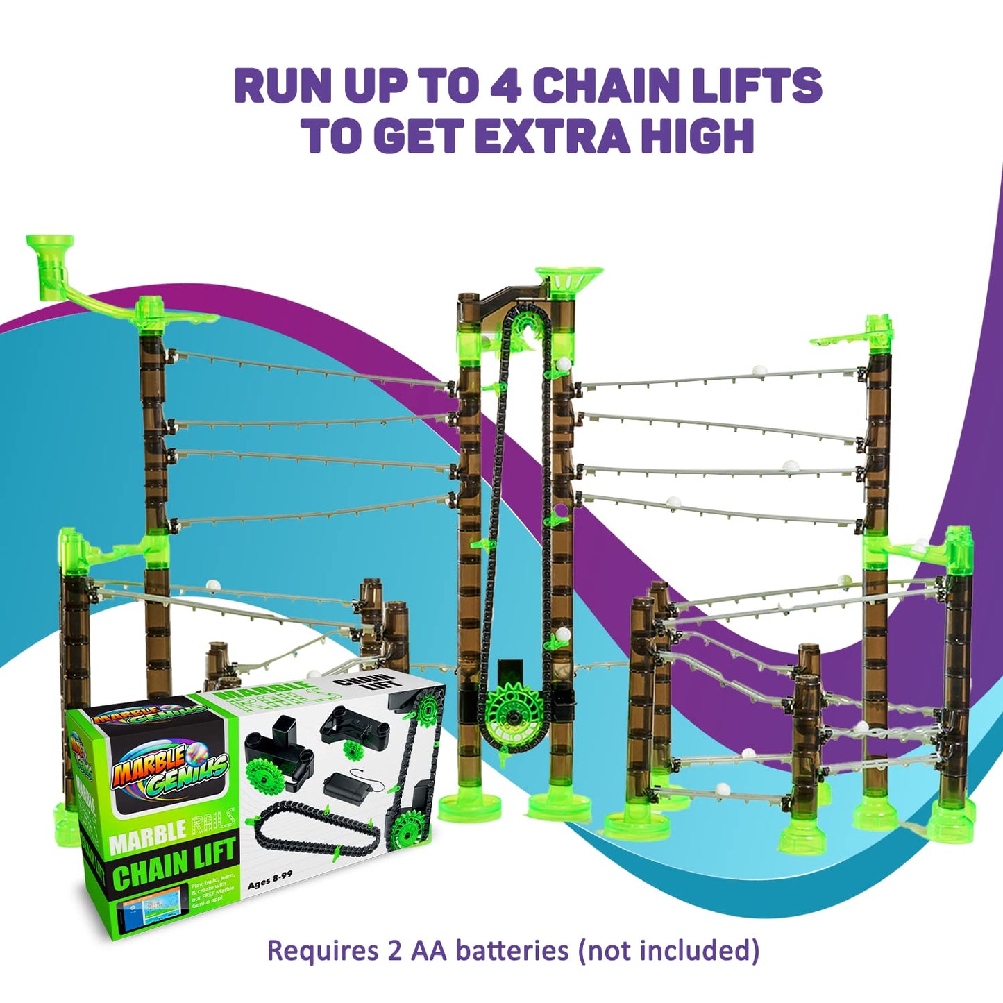 Marble Genius Add-On Chain Lift – Automatic Marble Rails Accessory for Marble Run, STEM Toy for Kids & Teens Ages 8+, Battery Powered