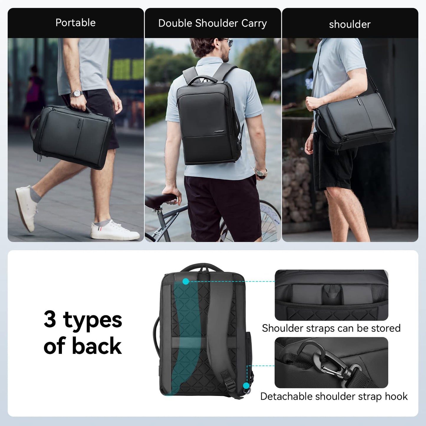 Muzee 3in1 Slim Business Backpack Laptop Backpack For Men with Executive Briefcase Casual Daypack Fits 15.6 Inch Laptop USB Port Black