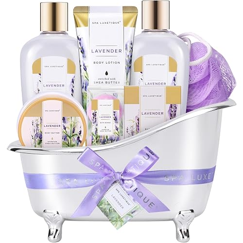 spa luxetique Spa Gift Baskets for Women, 8 Pcs Lavender Lotion Set with Bubble Bath, Shower Gel, Birthday Anniversary Self Care Kit for Her, Mothers