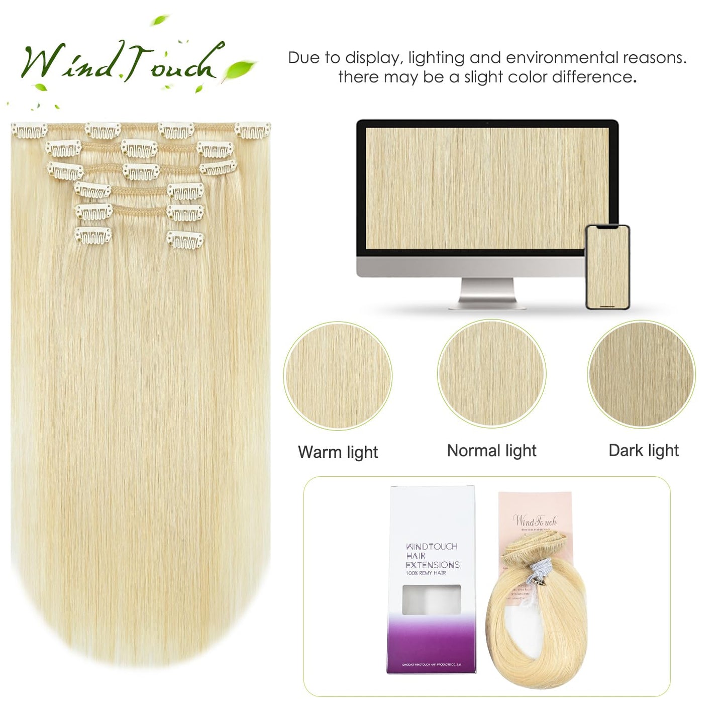WindTouch Clip In Hair Extensions Real Human Hair Platinum Blonde Hair Extensions 18Inch 75g #60 7PCS