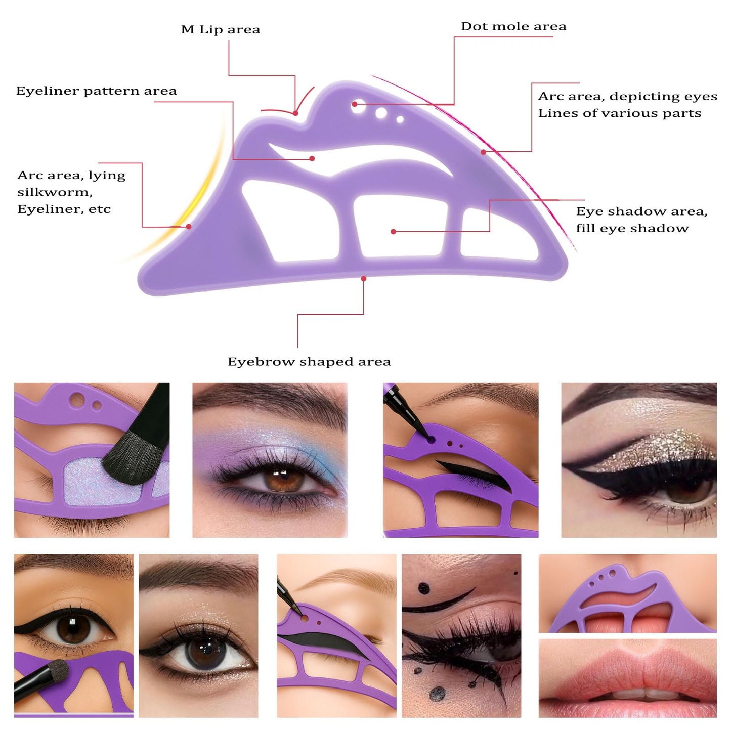 NFAMRZCAR 2PC Eyeshadow Stencil 5 in 1 Silicone Eyeshadow Tool,Reusable Eye Makeup Aid Stencils,Eye Makeup Aid, for Make Up Beginners&Women (Purple)