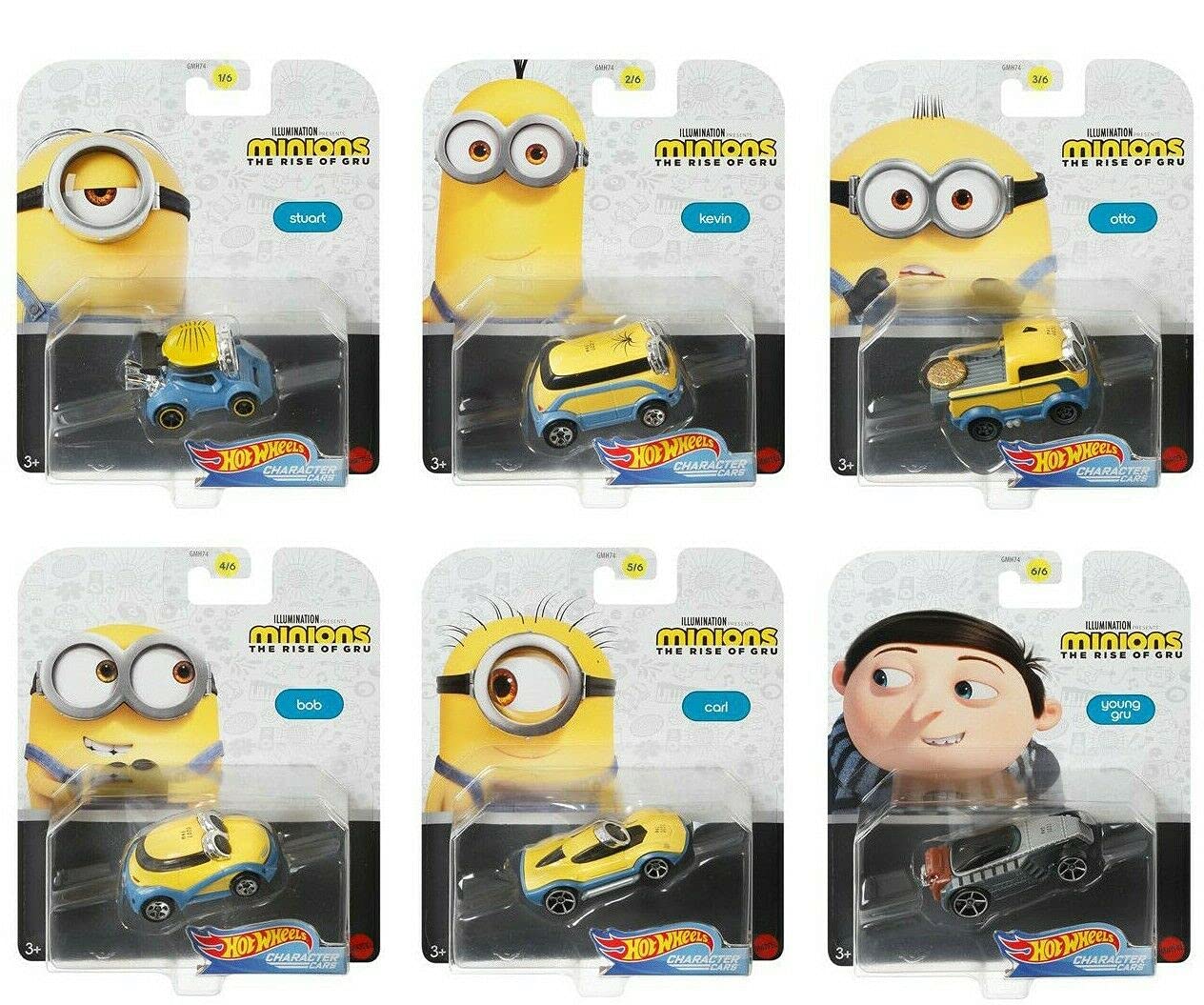 HW Character Cars Hot Wheels Character Cars Minions The Rise of Gru - Complete Set of All 6 1:64 Scale Diecast Vehicles