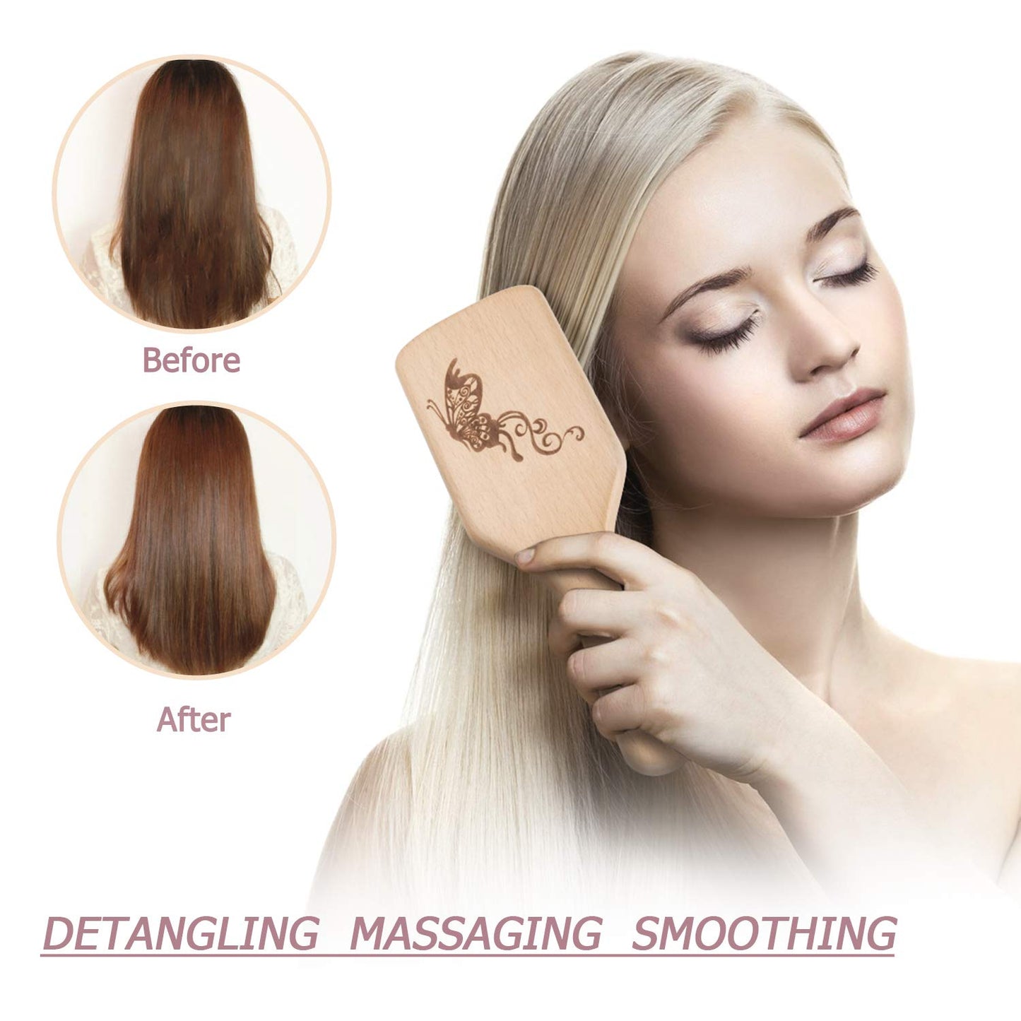 Boar Bristle Hair Brush and Comb Set for Women Men Kids, Best Natural Wooden Paddle Hairbrush and Small Travel Styling Brush for Wet or Dry Hair