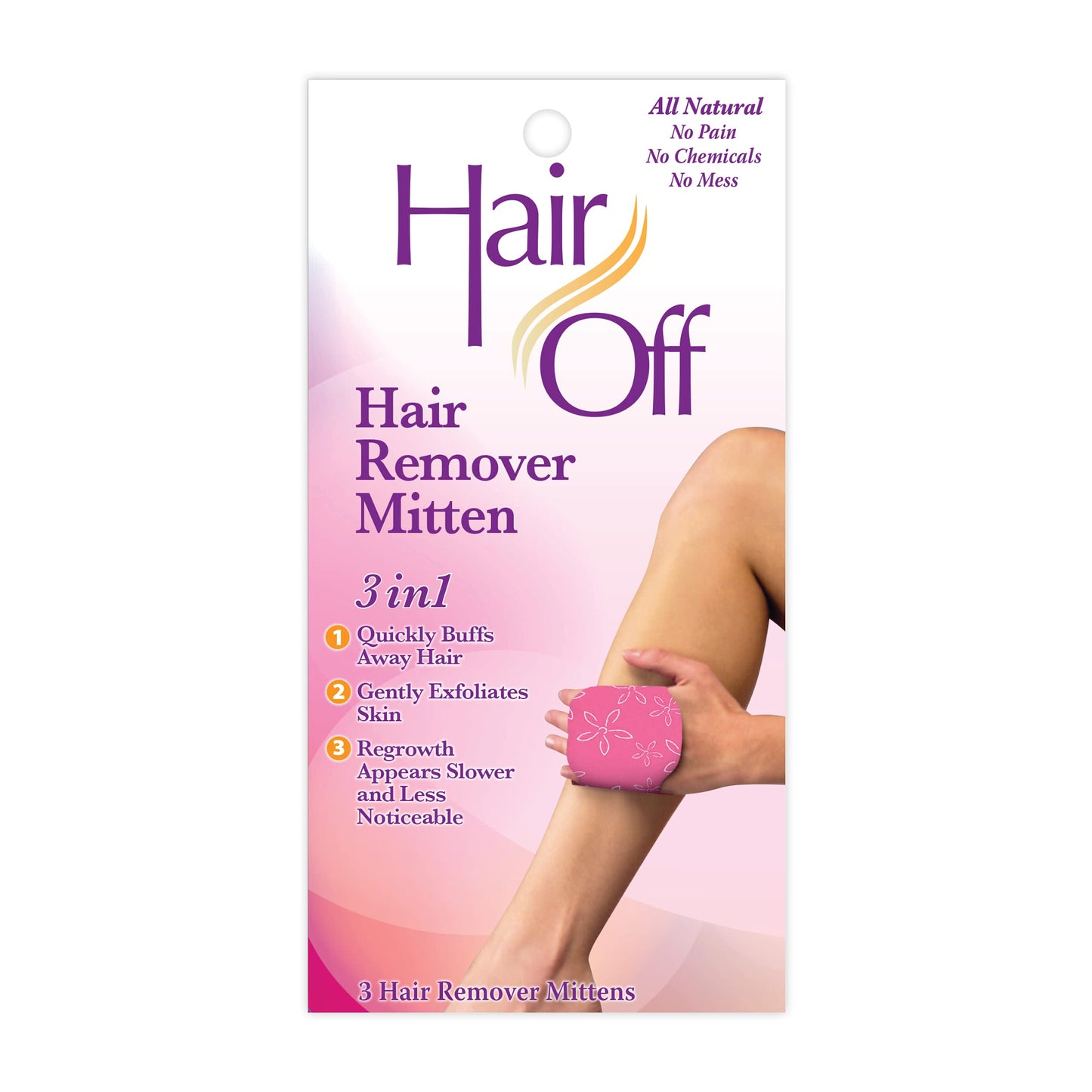 Hair Off Hair Remover Mitten - All-Natural, Painless & Chemical Free - Full Body Hair Removal - Slows & Lessens Regrowth - Exfoliates Skin (3 Mittens
