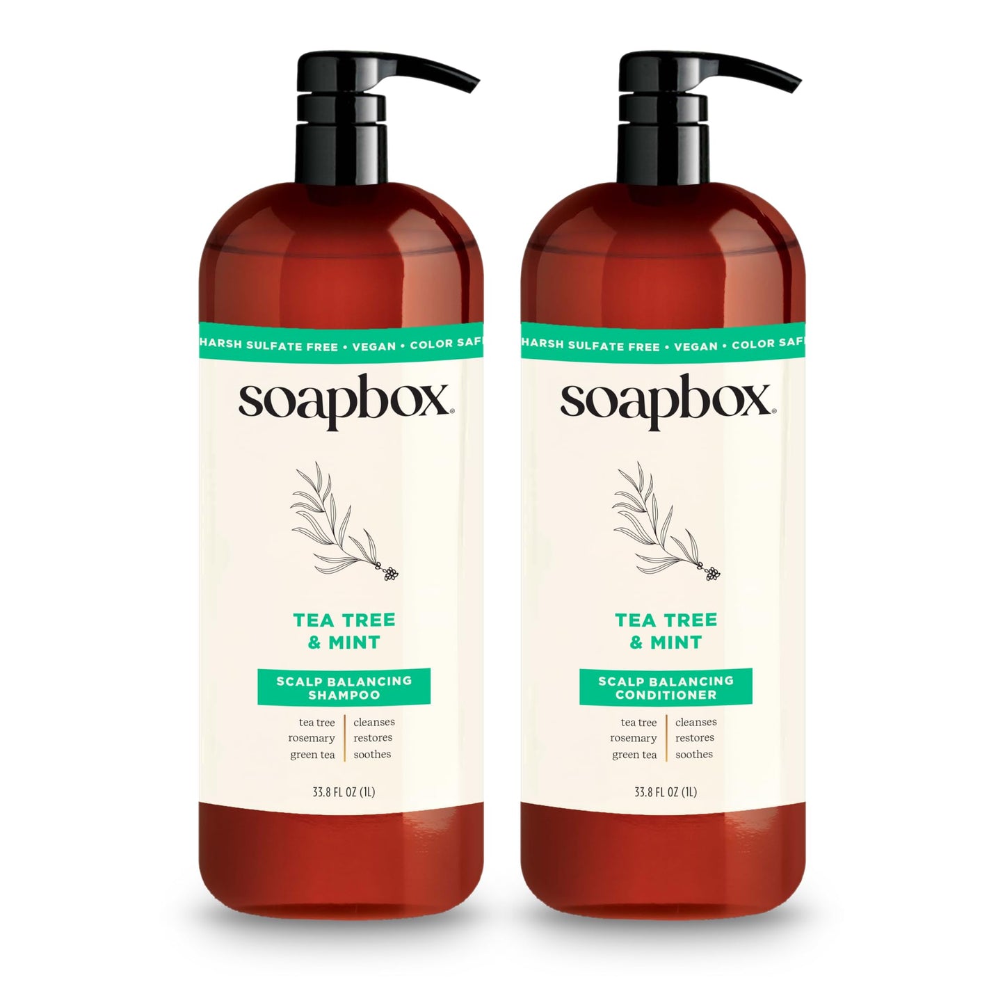 Soapbox Tea Tree Oil & Mint Shampoo & Conditioner Set, Leaves Hair & Scalp Balanced & Soothed - Clean Ingredients Free of Harsh Chemicals, Sulfates