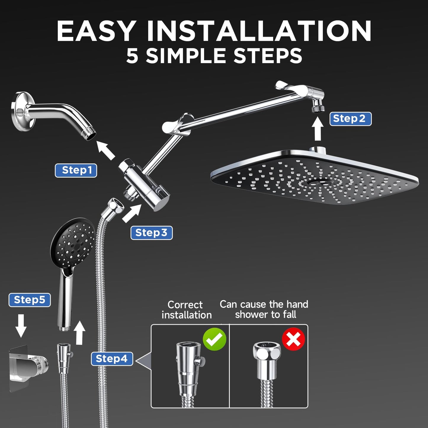 Veken Rain Shower Head Combo – 6-Mode Handheld High Pressure Showerhead with Arm & Anti-Clog Nozzles – Silver Chrome