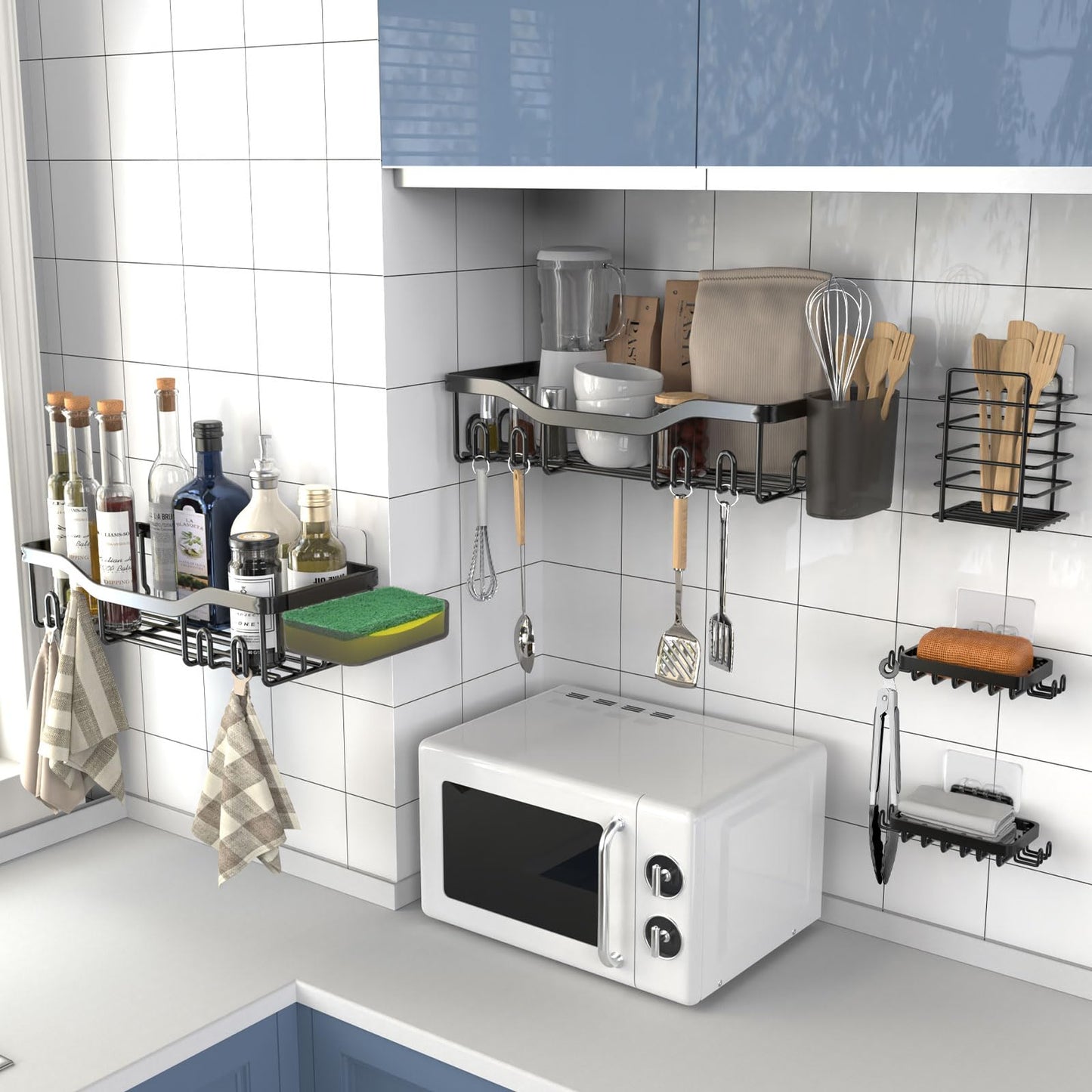 NESOMI 7-Pack Adhesive Shower Caddy – Rustproof No-Drill Bathroom Organizer with Shelves, Soap Dish, Toothbrush Holder & Hooks