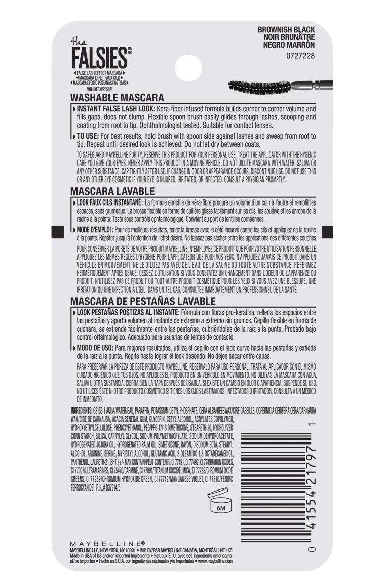 Maybelline New York The Falsies Volume' Express Washable Mascara, Brownish Black, 0.25 Fluid Ounce