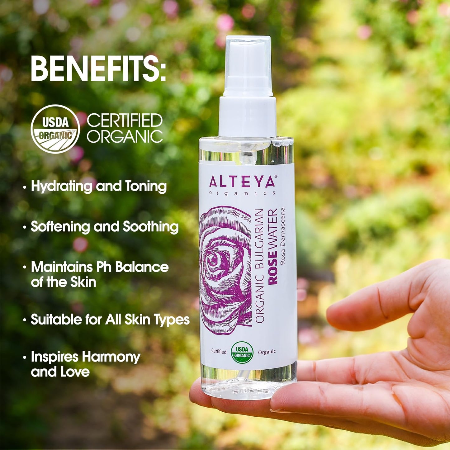 Alteya UDSA Organic Bulgarian Rose Water 3.4 Fl Oz Spray