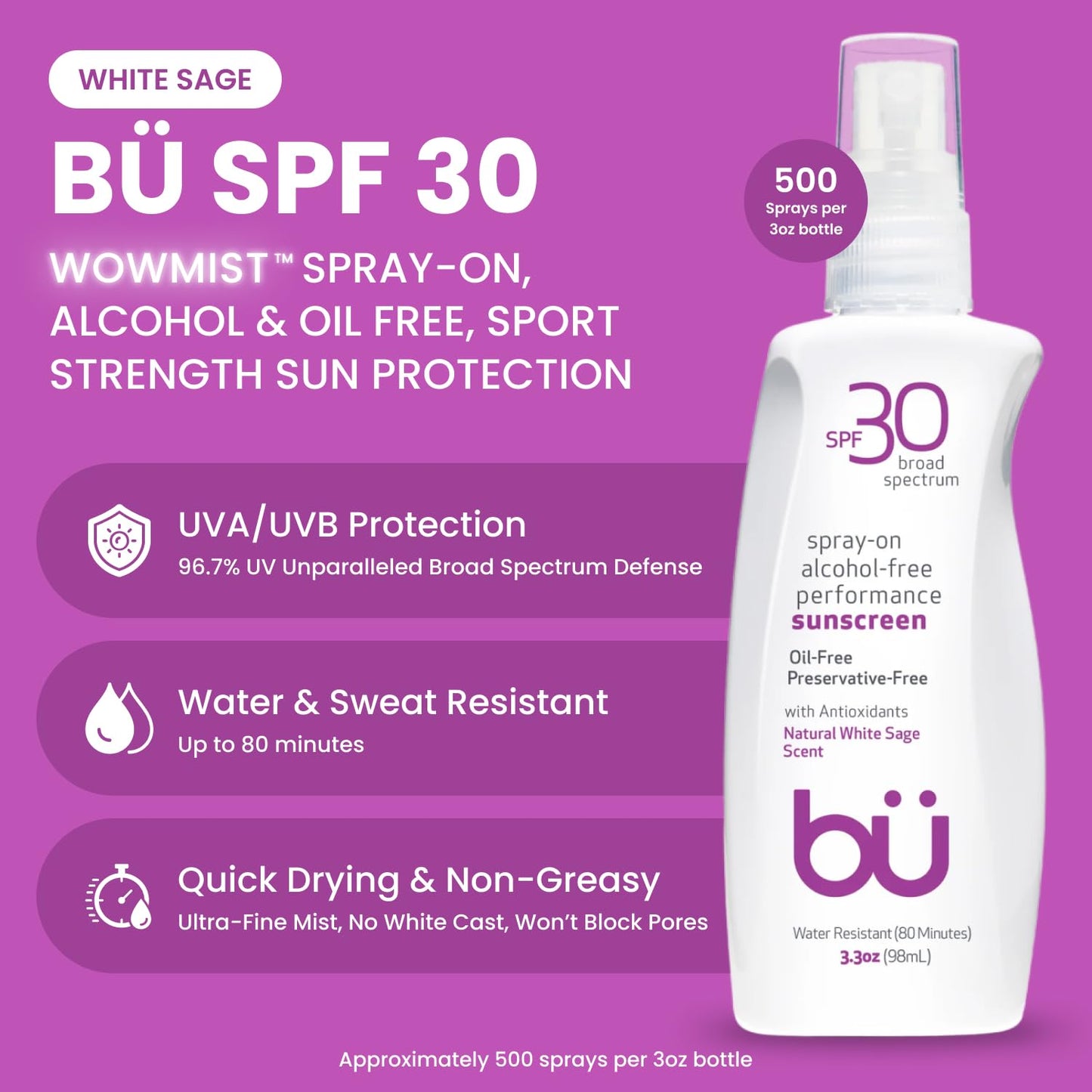 BU SPF 30 Sunscreen Spray for Face and Body, Non Aerosol Spray, Ultrafine WOWmist, TSA Travel Size Sunscreen, Clear, Non Greasy, Water Resistant