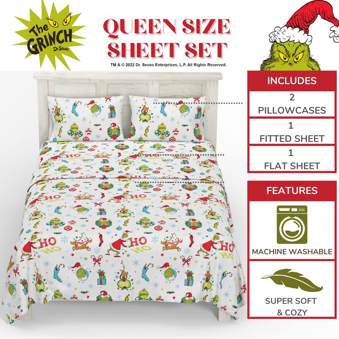Grinch by Dr. Seuss Holiday & Christmas Bedding Super Soft 100% Cotton Flannel Sheet Set, Queen, (Officially Licensed Product) by Franco