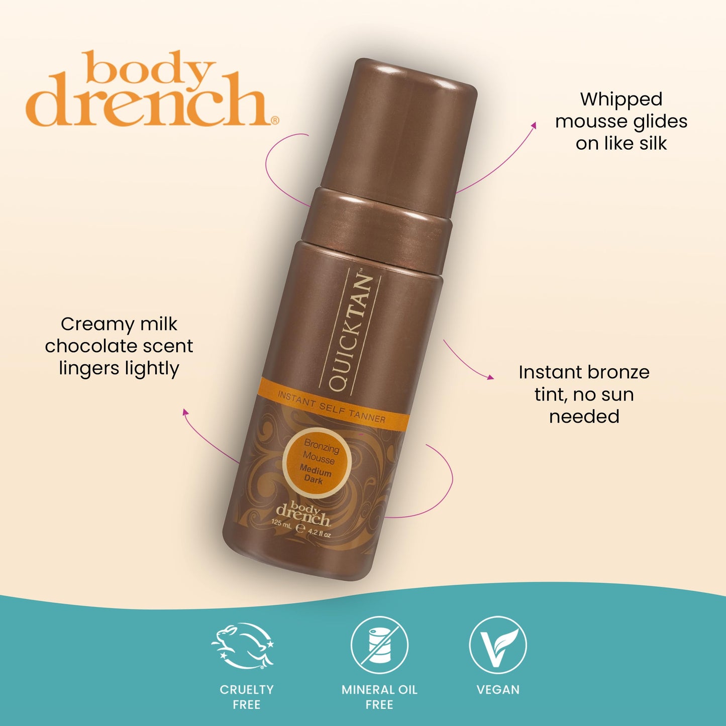 Body Drench QuickTan Self Tanner Mousse - Medium Dark Tan, Sunless Tanning Foam for Body, Natural-Looking Glow, 4.2 oz