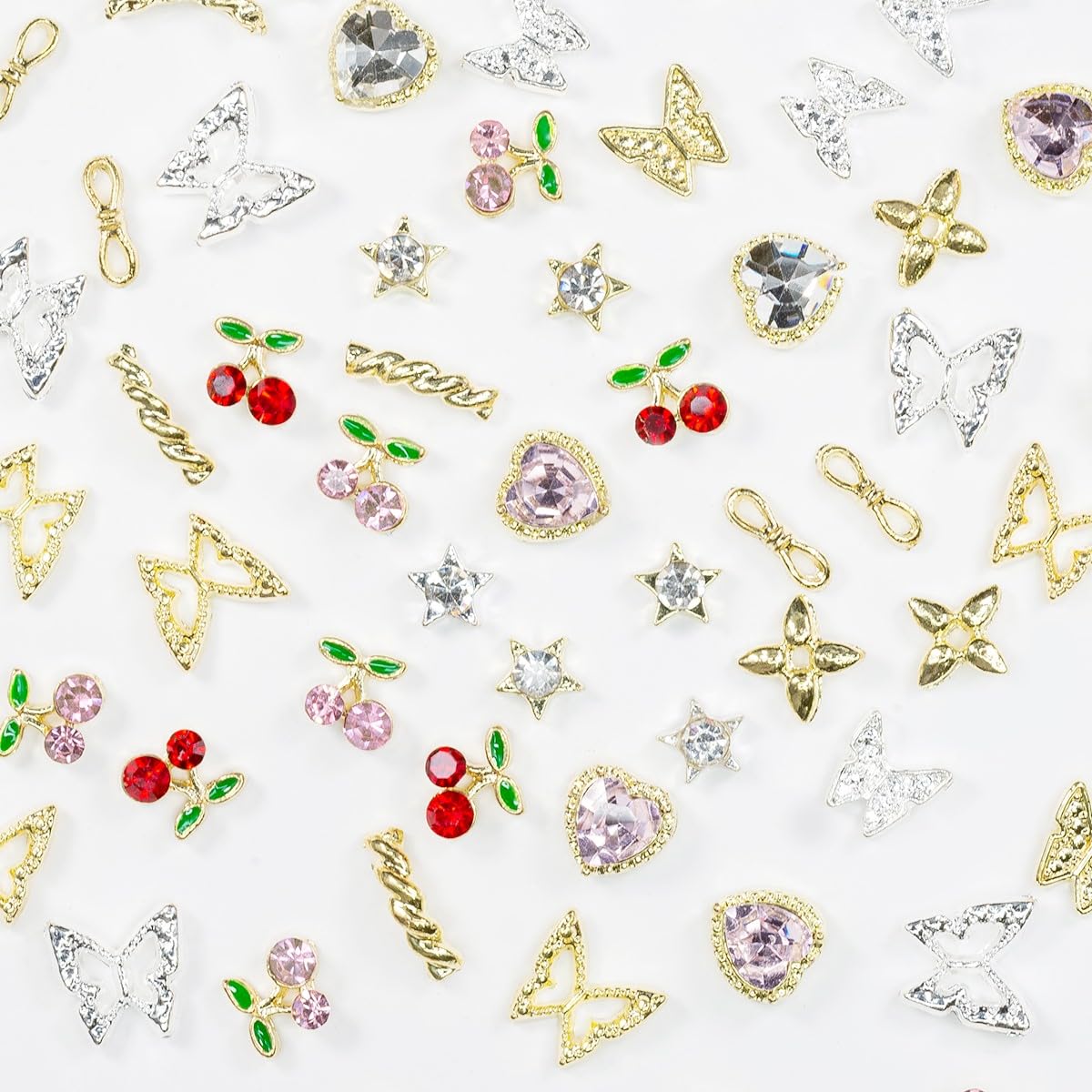 qiipii 56 Pcs Cute Charms for Nails Cherry Butterfly Heart Star Kawaii Crystals Pink Red Rhinestones Gems Golden Silver 3D Alloy Studs Nail Art Charms Beauty & Personal Care qiipii