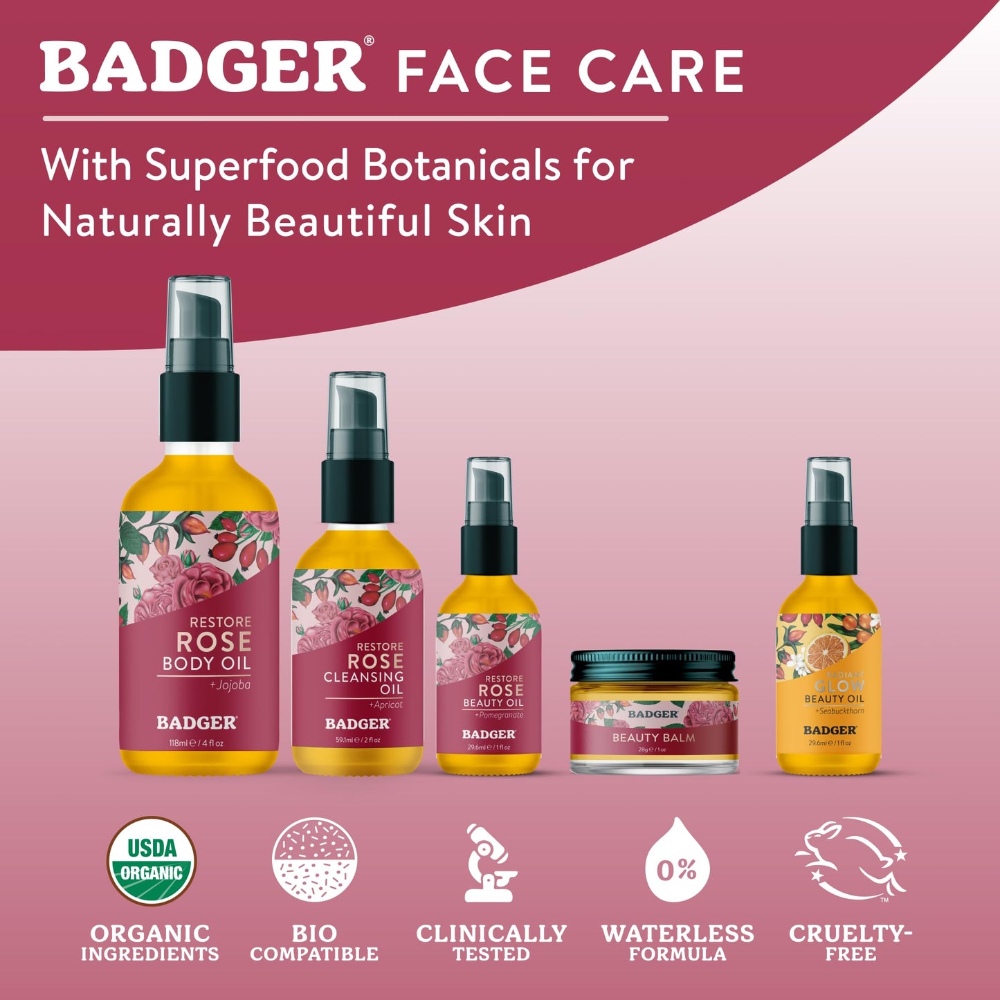 Badger Rose Beauty Balm, 100% Organic Nourishing Treatment For Face, Neck & Hands w/Pure Rose Essential Oil, Intensive Long Lasting Face Moisturizer