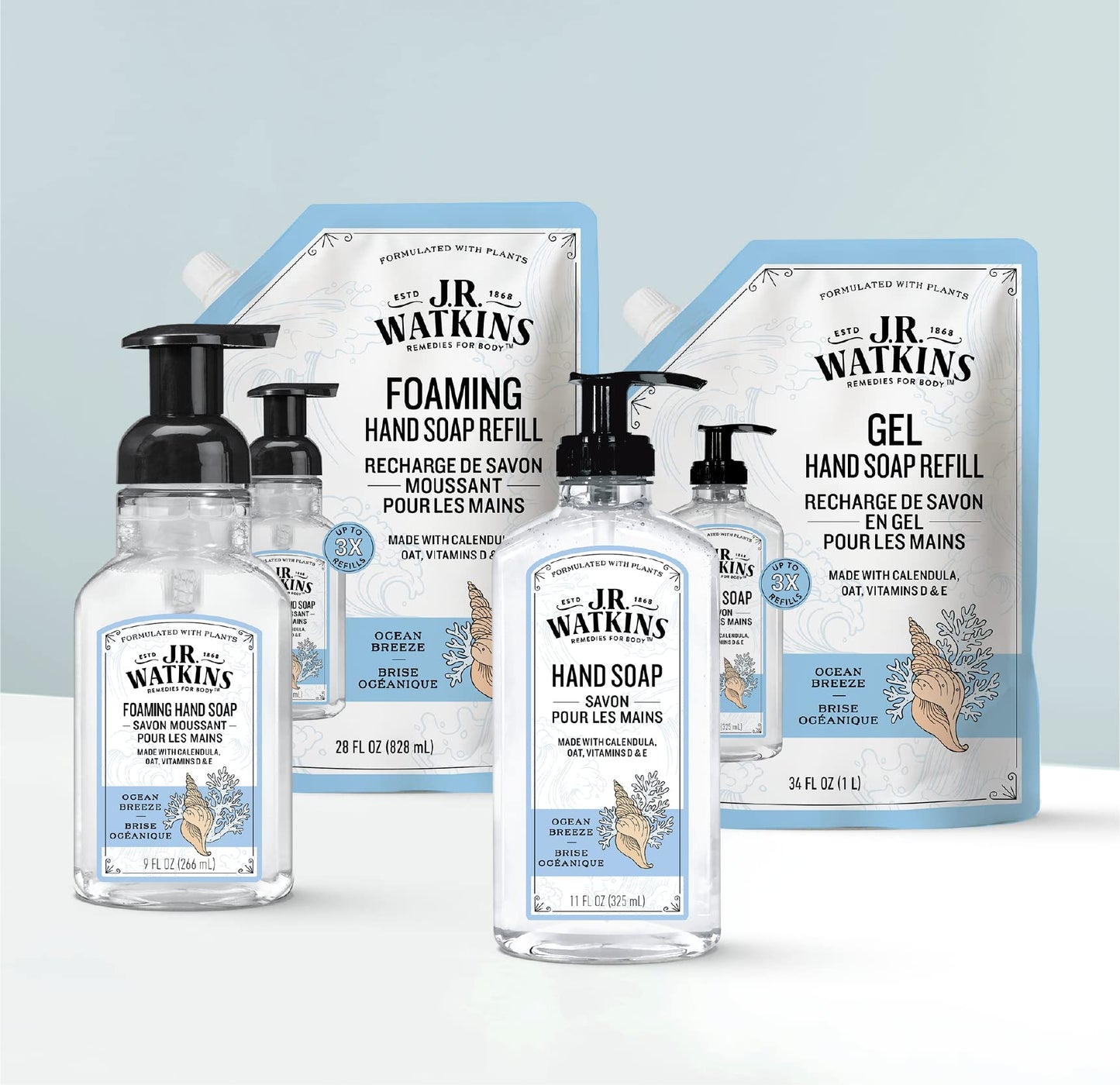 J.R. Watkins Gel Hand Soap Refill Pouch, Scented Liquid Hand Wash for Bathroom or Kitchen, USA Made and Cruelty Free, 34 fl oz, Ocean Breeze, 2 Pack