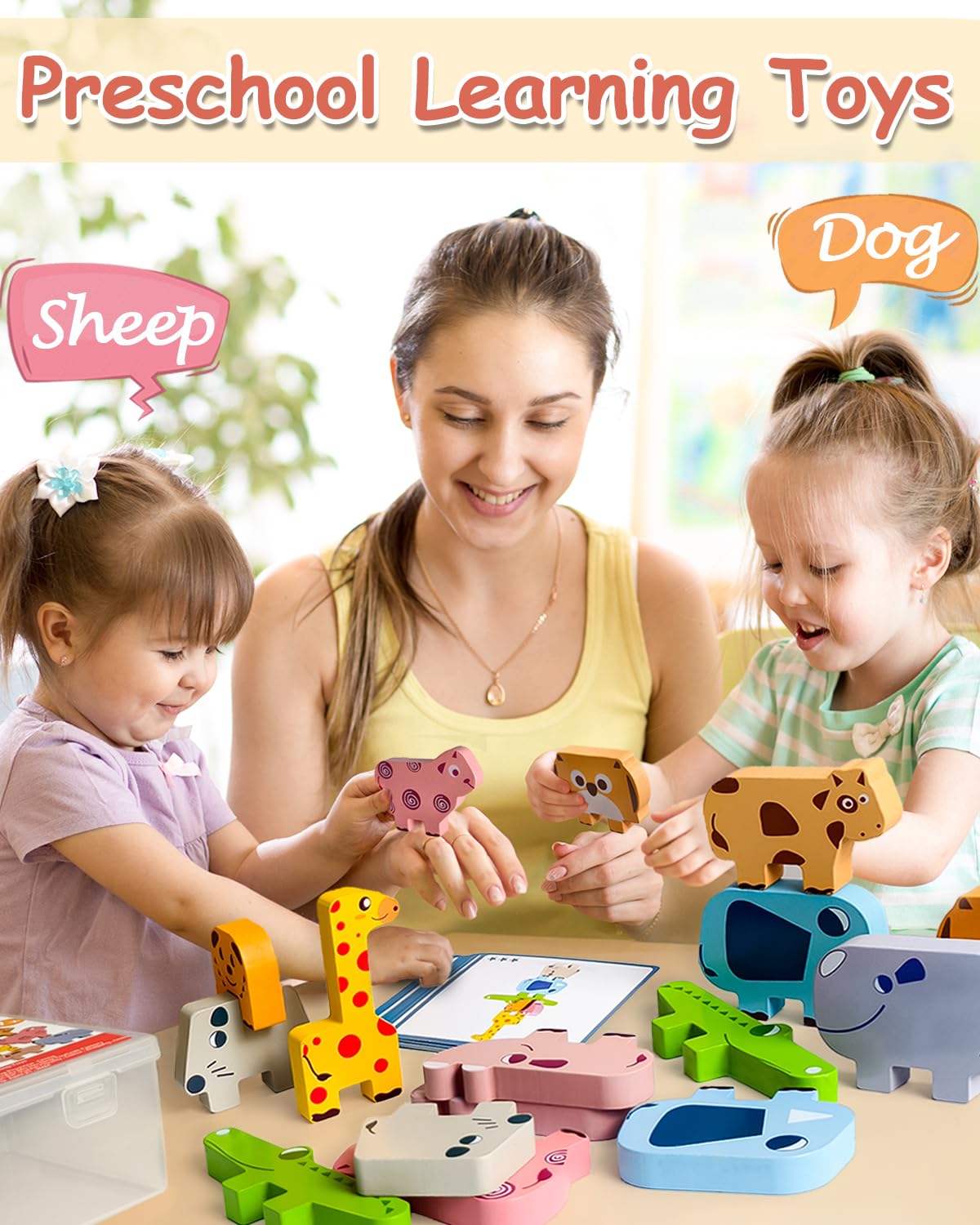 Montessori Toys 10pc Wooden Animal Blocks – Sorting & Stacking Puzzles for Toddlers Ages 1-4, Educational Birthday Gift for Boys & Girls