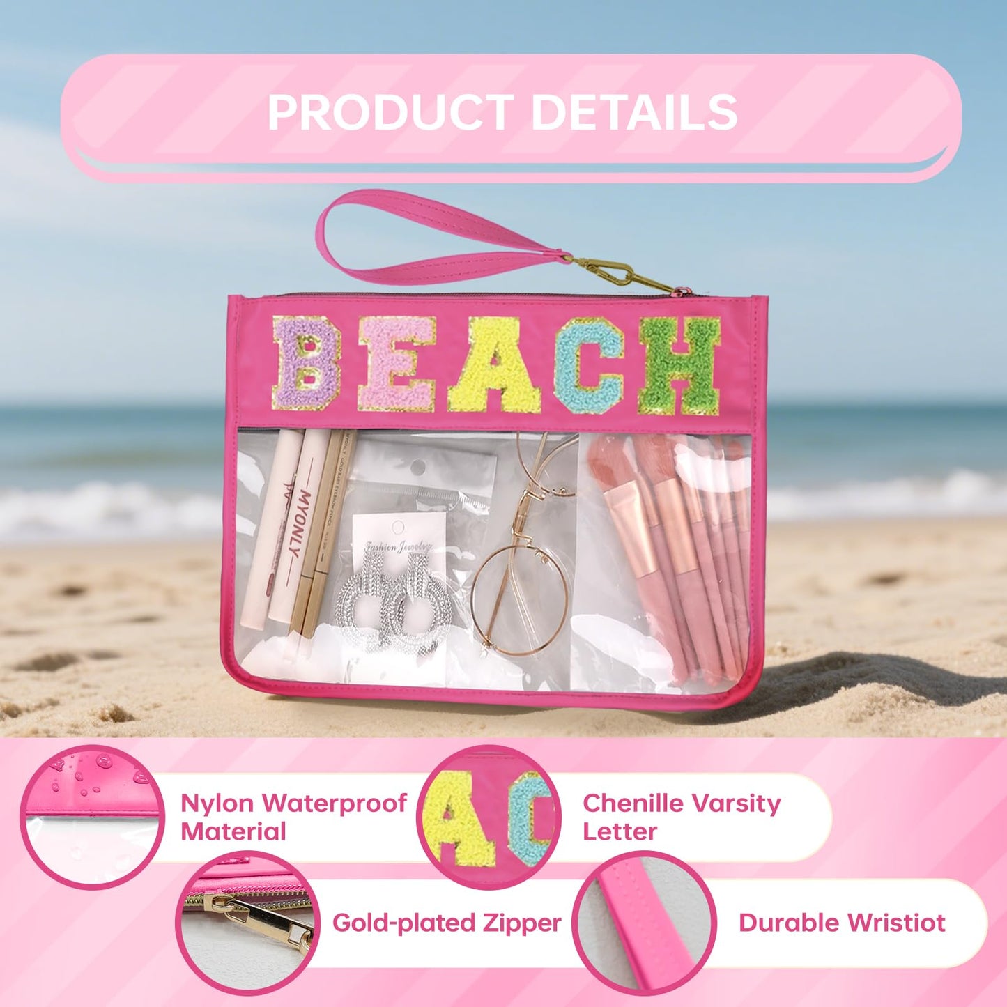 Siwara Beach Bags Sunscreen Bag Summer Essentials Clear Pouch Travel Makeup Bag Beach Essentials Chenille Letter Bags for Zipper Pouch Clear Cosmetic Beauty and Personal Care Siwara