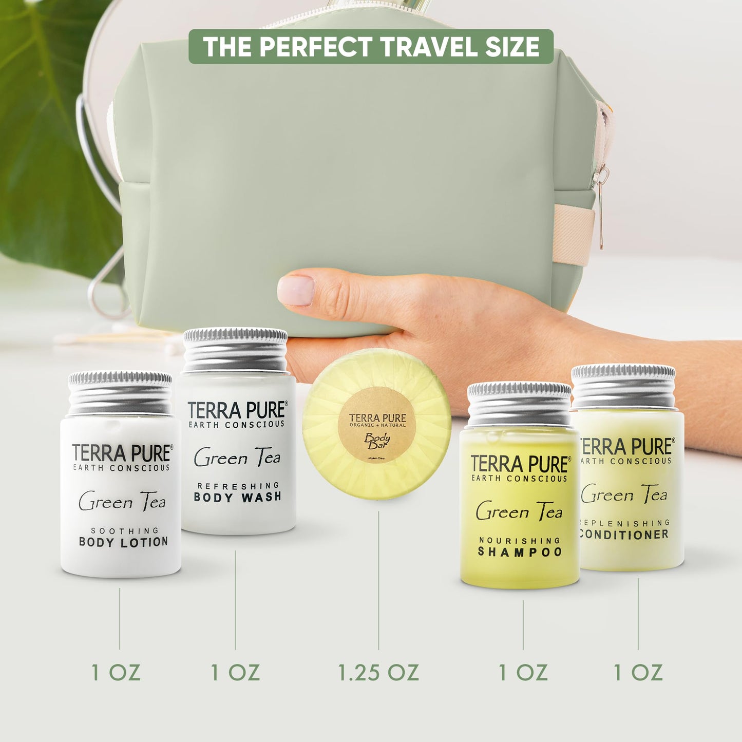 Terra Pure Hotel Soaps & Toiletries Bulk Set | 1-Shoppe Amenities Kit | 1oz Shampoo & Conditioner, Body Wash, Lotion, 1.25oz Bar Soap | Travel Size |