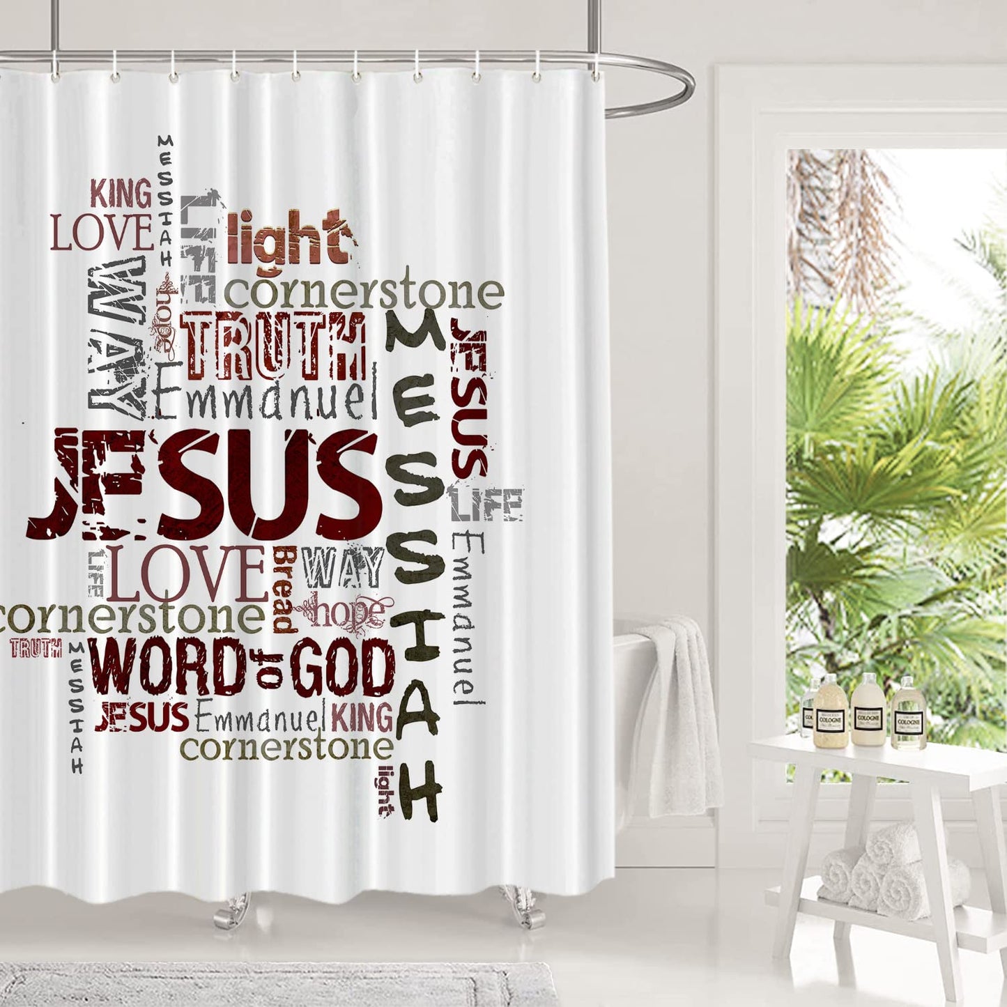 Shrahala Words White Decorative Church Love Shower Curtain, 72x72 Inch Waterproof with Grommets
