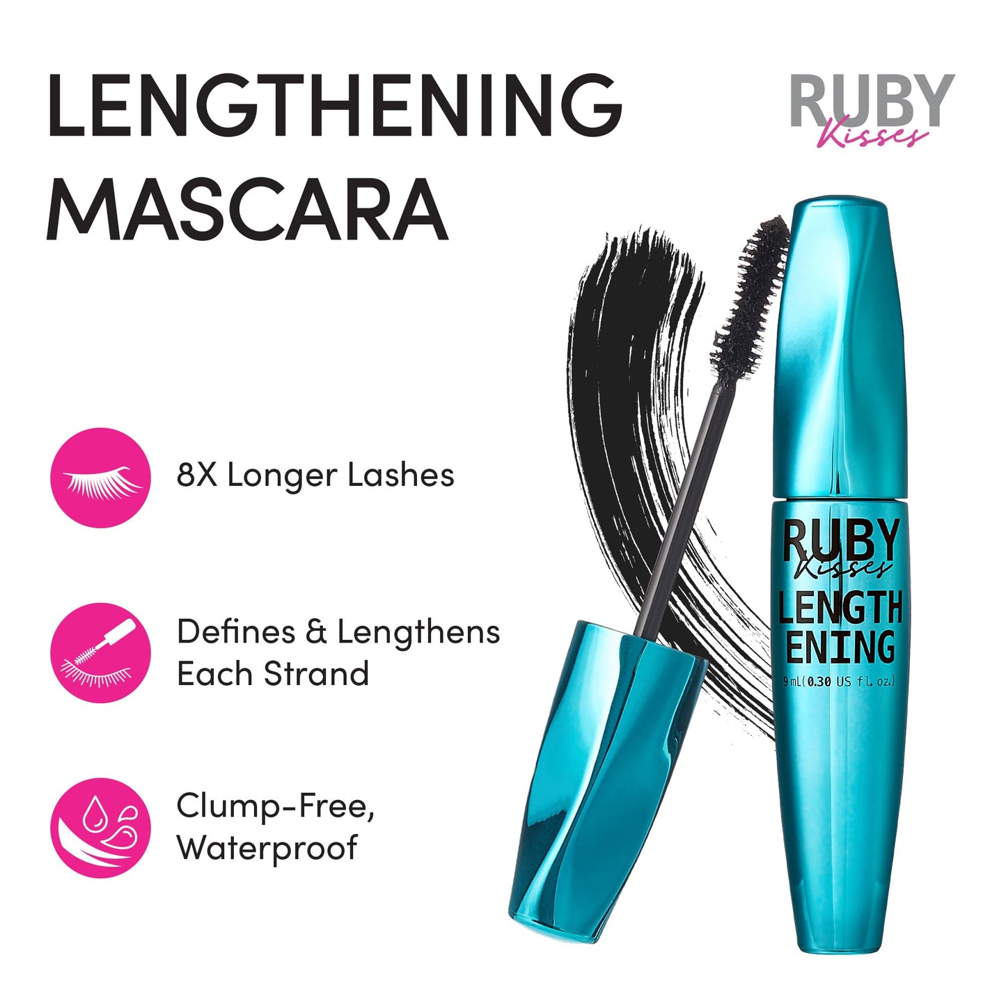 KISS NEW YORK RuKisses Mascara Waterproof Lengthening Mascara, Feathery Soft Full Lashes, Intense Length Smudge-Free Clump-Free (Lengthening