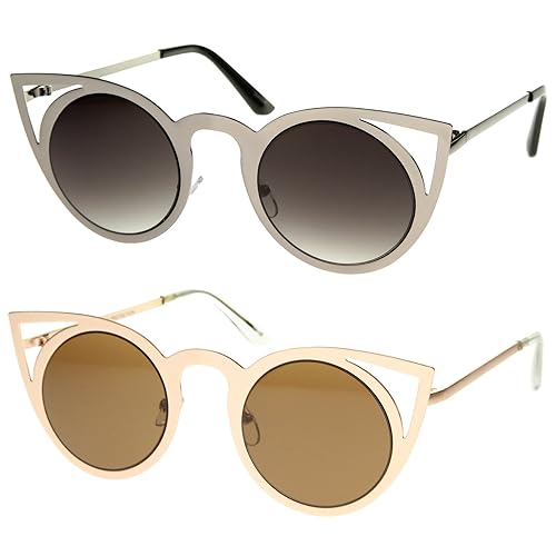 zeroUV Womens Fashion Round Metal Cut-Out Flash Mirror Lens Cat Eye Sunglasses (2-Pack | Gld/Brwn + Sil/Lav)