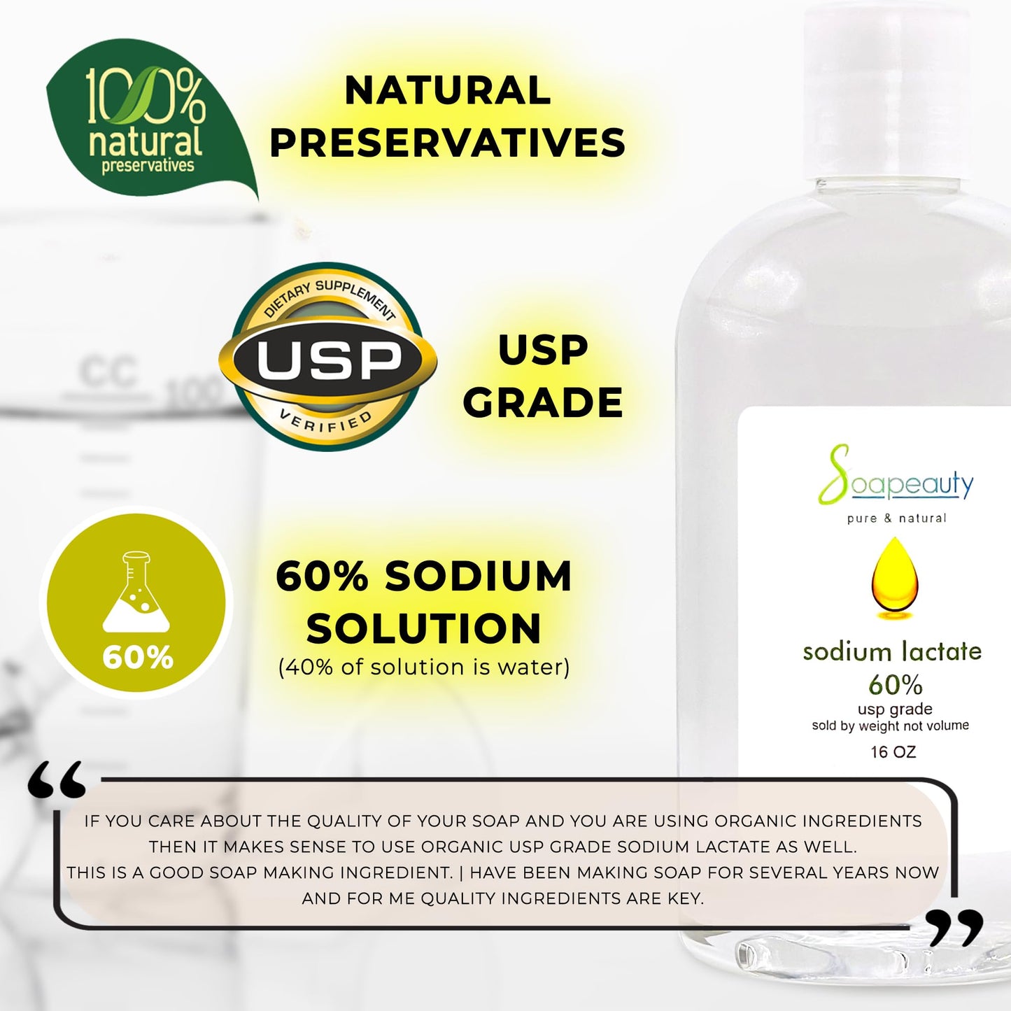 SODIUM LACTATE for Soap Making & Lotions | 60% USP Pure Natural Preservative | Harder Bar of Soap, Bigger Yield, Faster Cure Time, Provides Moisture |