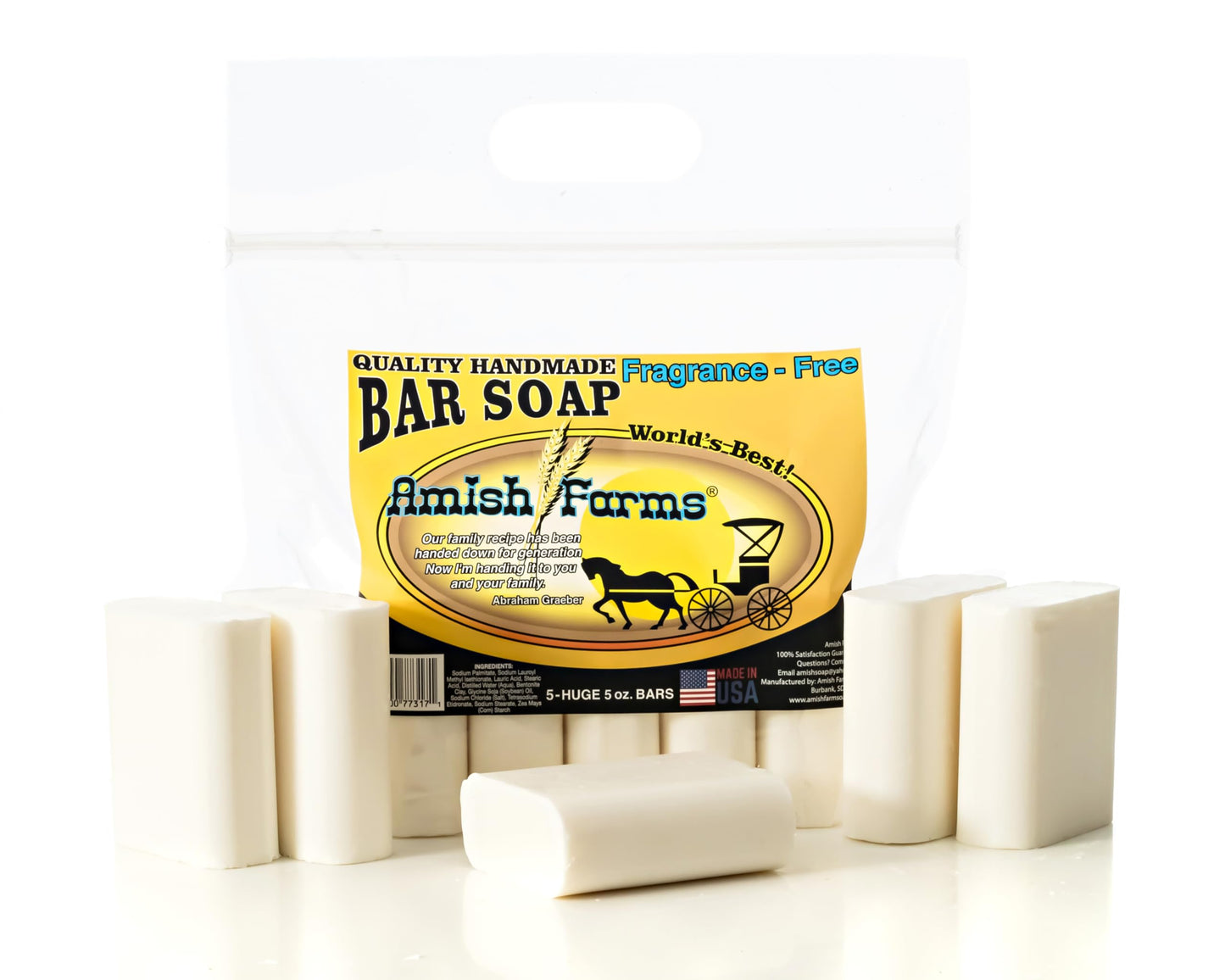 Amish Farms Fragrance-Free Bar Soap Bar w/All Natural Bentonite Clay | Made in USA, Vegan Moisturizing for Sensitive Skin | Women & Mens Face & Body