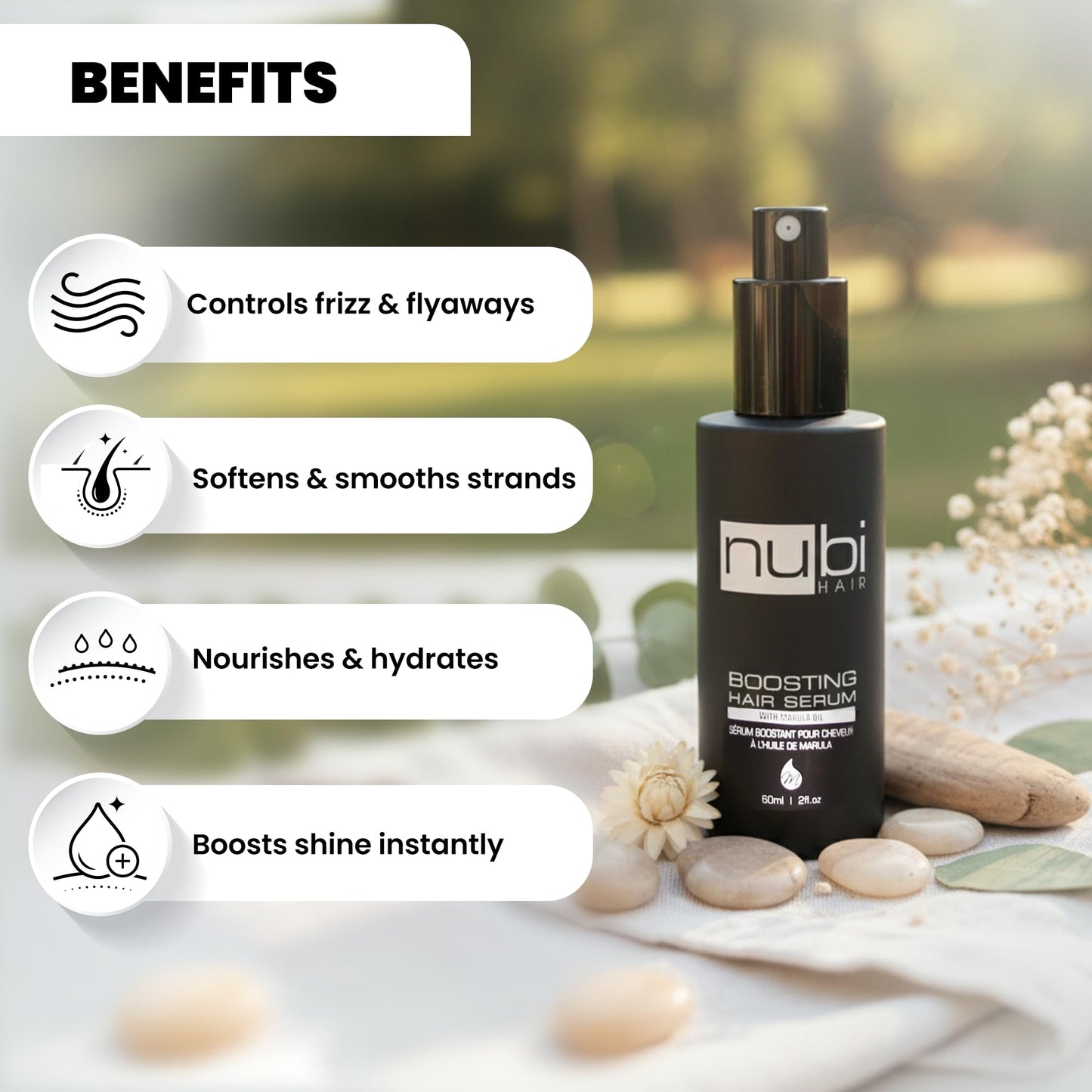 Nubi Hair Silky Smooth Hair Serum for All Hair Types, Contains Marula Oil, Aloe Vera and Vitamin E, Non-Greasy Formula, Boosts Shine and Promotes Hair