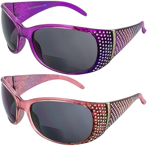Global Vision Set of 2 Galaxy Womens Bifocal Fashion Motorcycle Sunglasses Chrome Rhinestones Lavender & Pink Frames 2.0 Mag Smoke Lenses