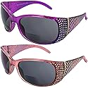 Global Vision Set of 2 Galaxy Womens Bifocal Fashion Motorcycle Sunglasses Chrome Rhinestones Lavender & Pink Frames 2.0 Mag Smoke Lenses