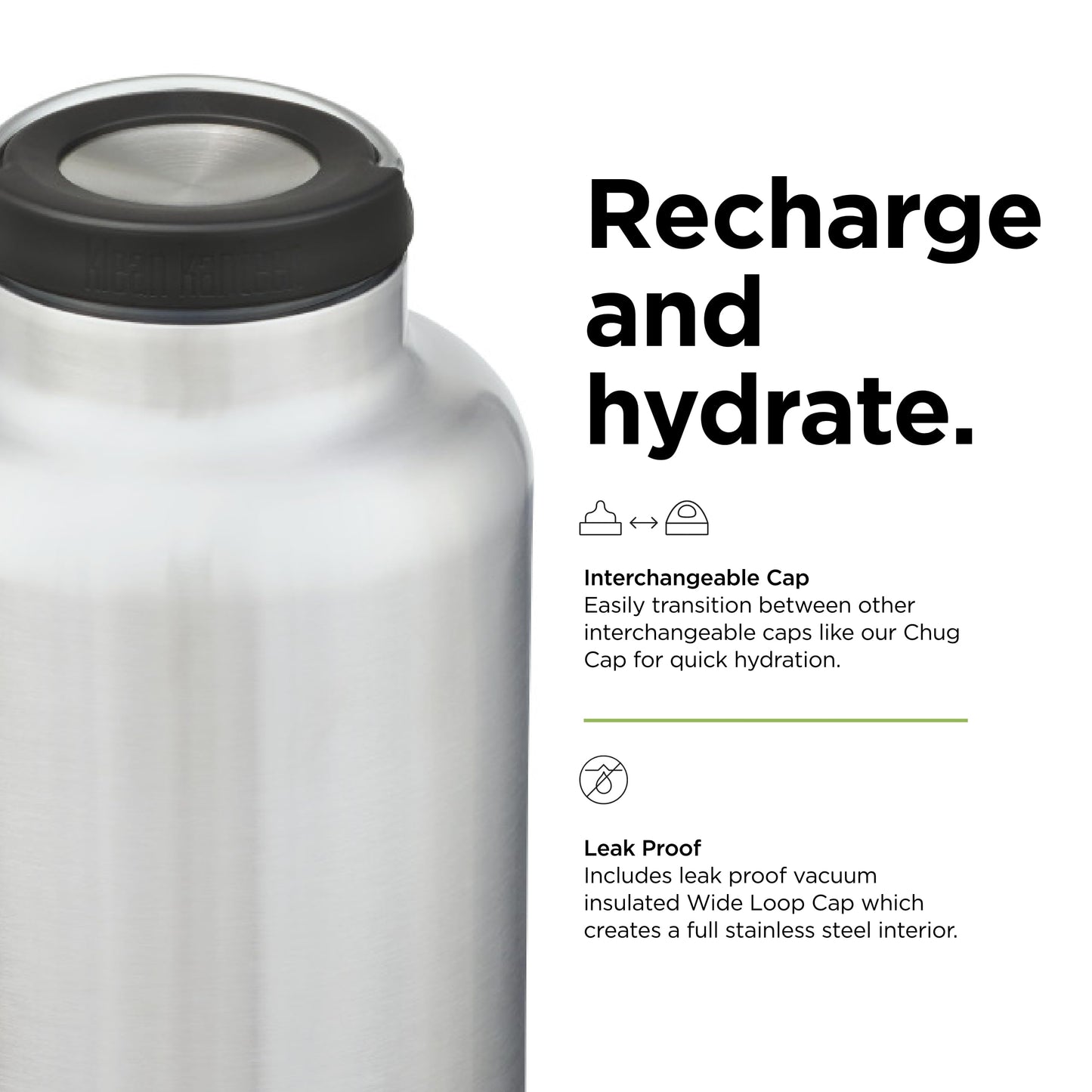 Klean Kanteen TKWide Insulated Water Bottle with Loop Cap - Stainless Steel Water Bottle - 64 oz, Brushed Stainless