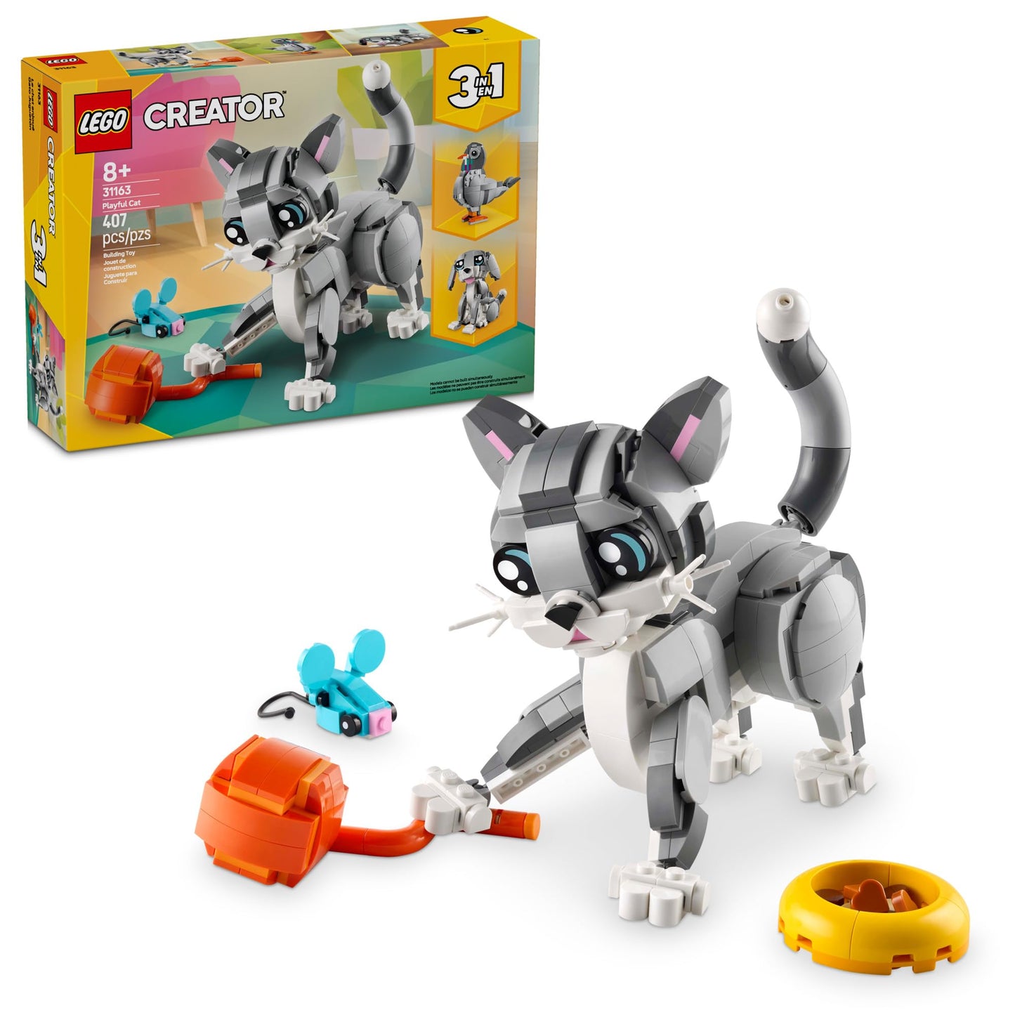 LEGO Creator 3 in 1 Playful Cat 31163, Build Cat, Dog or Pigeon Animal Figures, Creative Building Toy & Birthday Gift for Kids Ages 8+