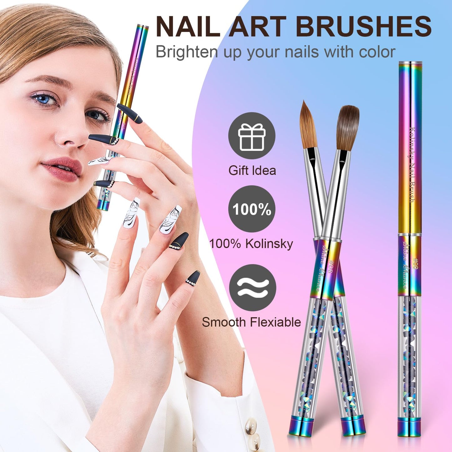 Shine Chance Acrylic Nail Brush Size 8, 100% Real Kolinsky Art Nail Brush for Acrylic Powder Application, Handmade Women Manicure Nail Extension Tool
