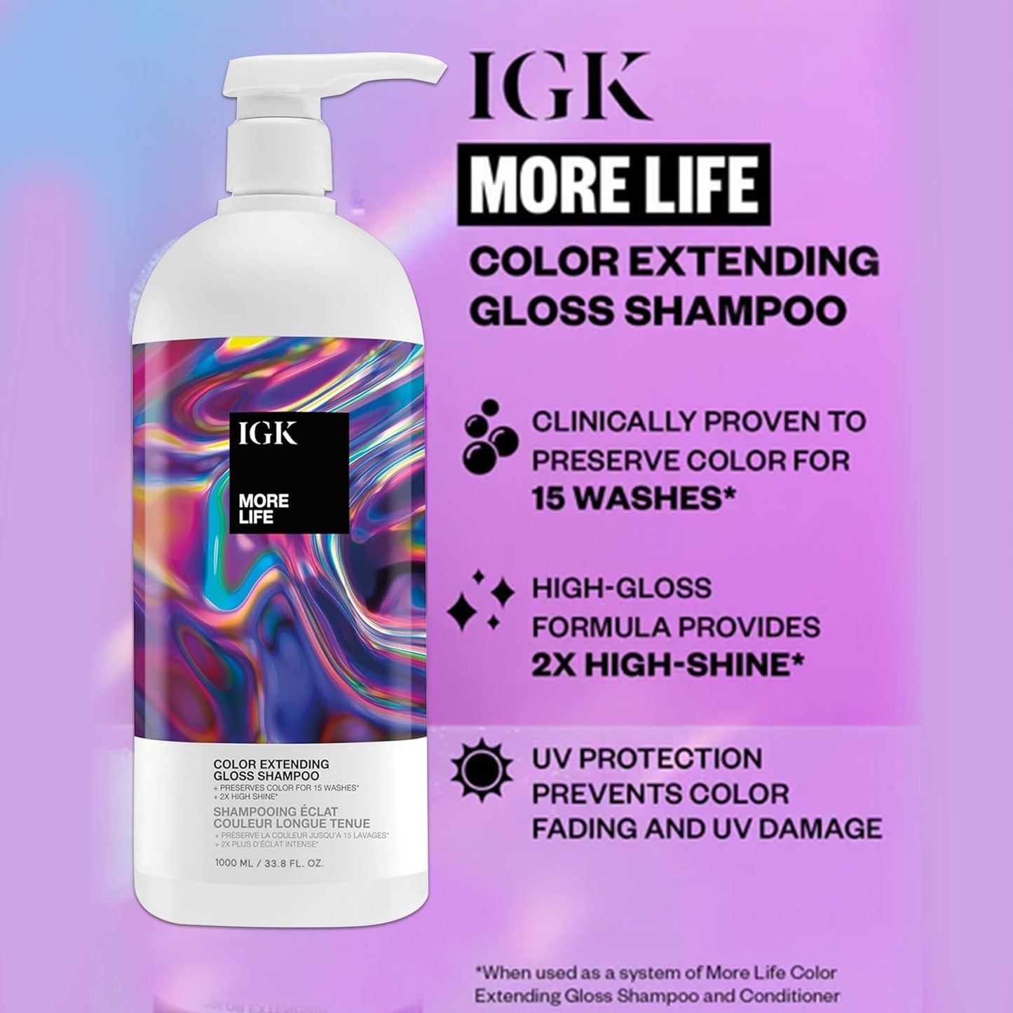 IGK MORE LIFE Color Extending Gloss Shampoo & Conditioner Set | Preserves Color + Enhances Shine | UV Protection | Vegan + Cruelty-Free | 33.8 oz