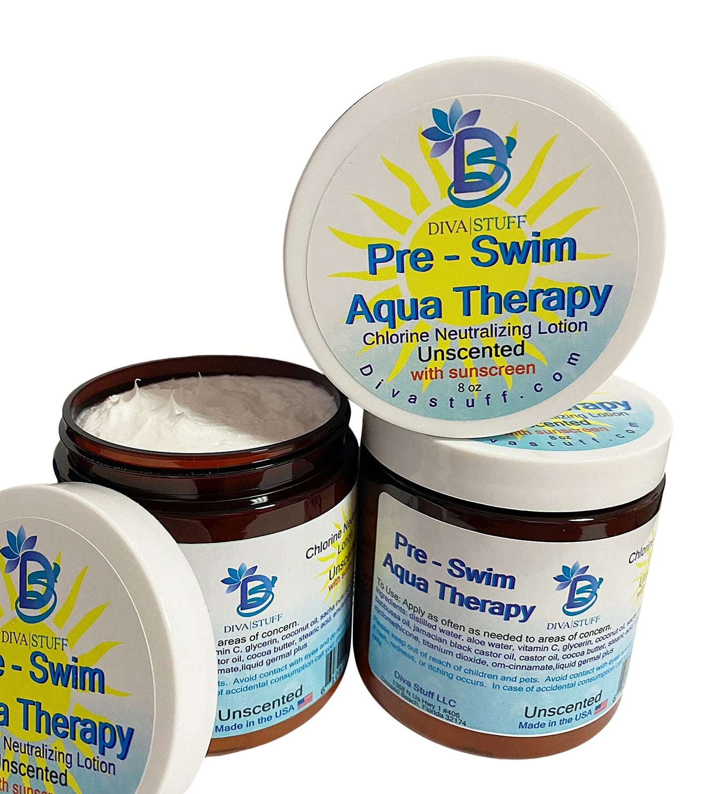 Diva Stuff Pre-Swim Aqua Therapy Chlorine Neutralizing Body Lotion, Protects Skin From Chlorine and Salt Water, 3 Pack, 8 oz - Made in the USA