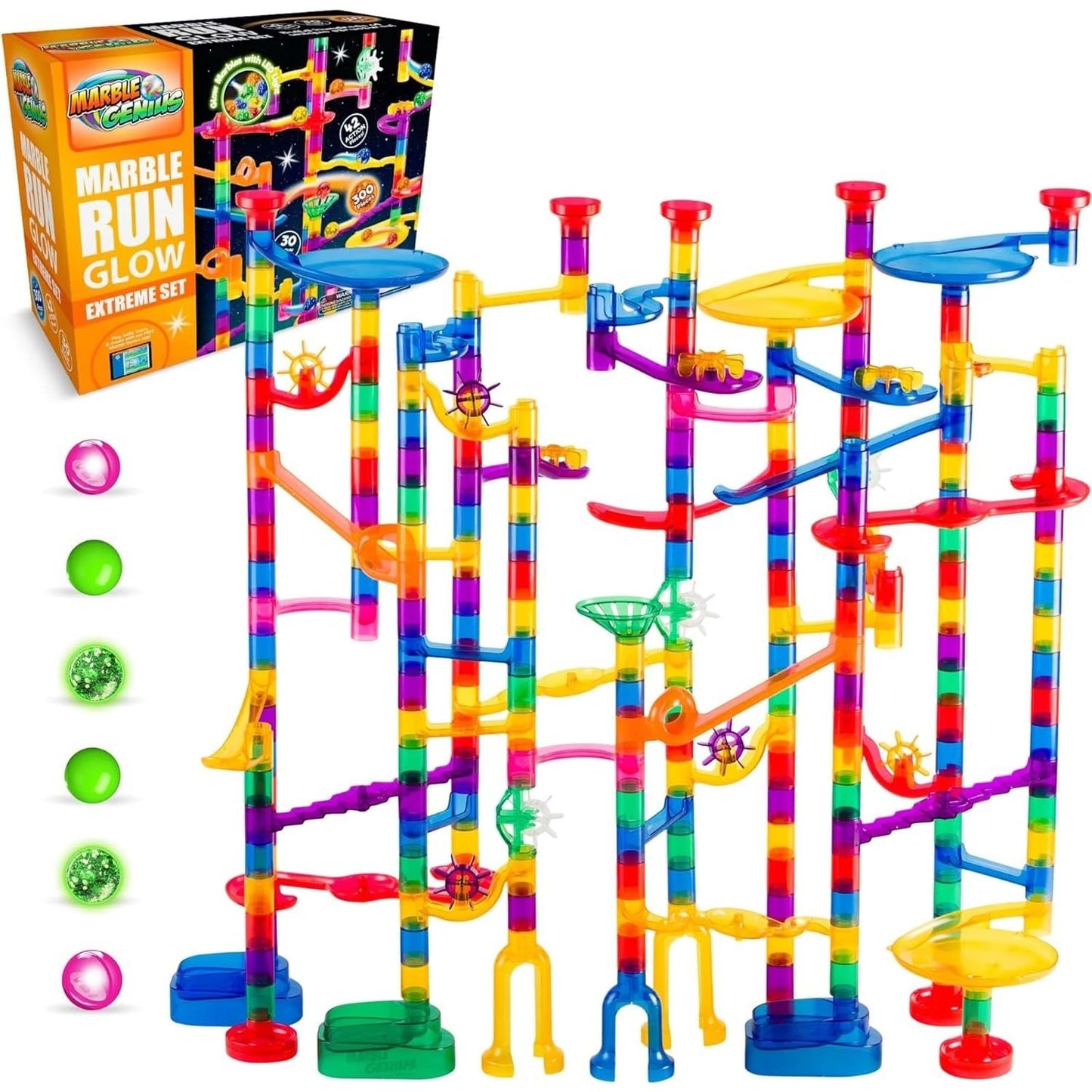 Marble Genius 200pcs Glow Marble Run Super Set – STEM Track Race Building Blocks with Glow-in-the-Dark Marbles & Guide for Kids 4+