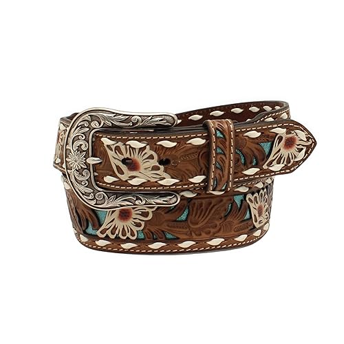 ARIAT Women's White Floral Overlay Turquoise Underlay Belt, Brown, Large