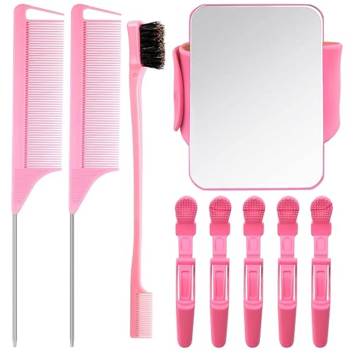 9 Pcs Hair Braiding Tools -2 Pieces Rat Tail Comb Parting Comb for Braiding 1Dual Edge Brush and Magnetic Wrist Sewing Pincushion Wristband Pin