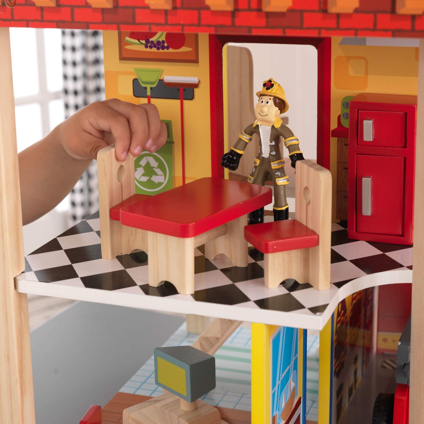KidKraft Wooden Fire Station Set with 15 Accessories Including Helicopter, Bendable Figures and Dalmatian Dog