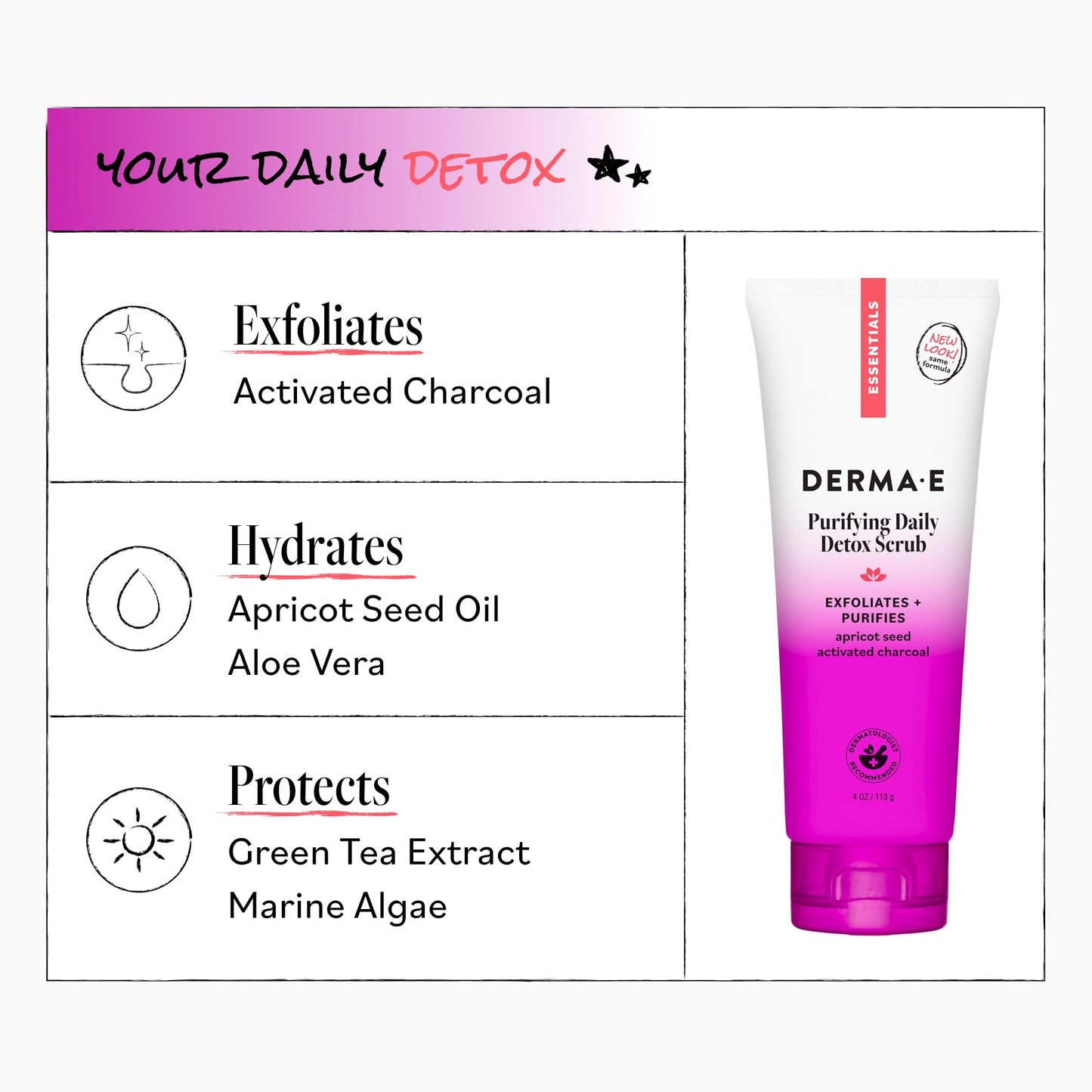 DERMA E Purifying Daily Facial Detox Scrub with Activated Charcoal and Seaweed Extract -Exfoliating Face Scrub Cleanses, Smooths and Brightens, 4oz