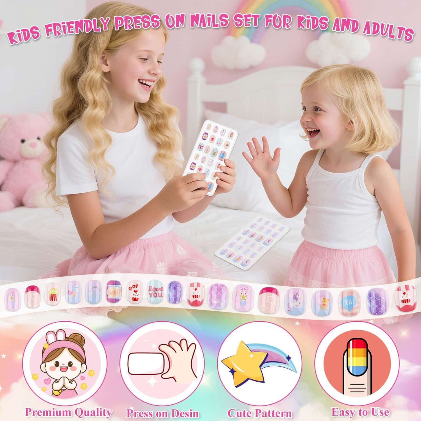 144 Pcs Press on Nails for Girls, Stick On Nails for Kids Short Acrylic Fake Nails Cute Nails Art Stuff for Little Girl 8-10 Beauty and Personal Care Thrilez