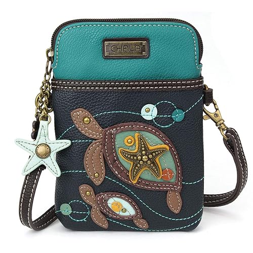 CHALA Ocean Collection Cell Phone Crossbody Purse-Women PU Leather/Canvas Multicolor Handbag with Adjustable Strap - Two Turtles - navy