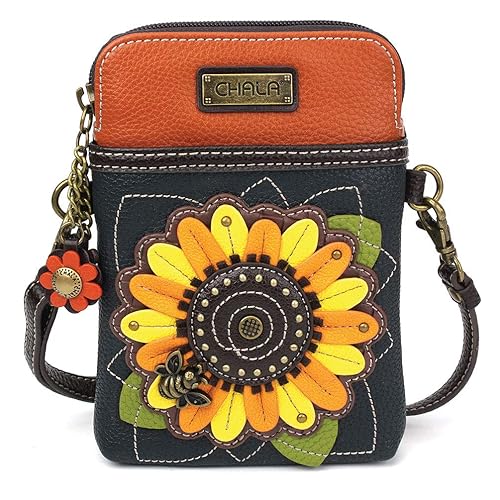 CHALA Plant Life Collection Cell Phone Crossbody Purse-Women PU Leather/Canvas Multicolor Handbag with Adjustable Strap - Sunflower - navy