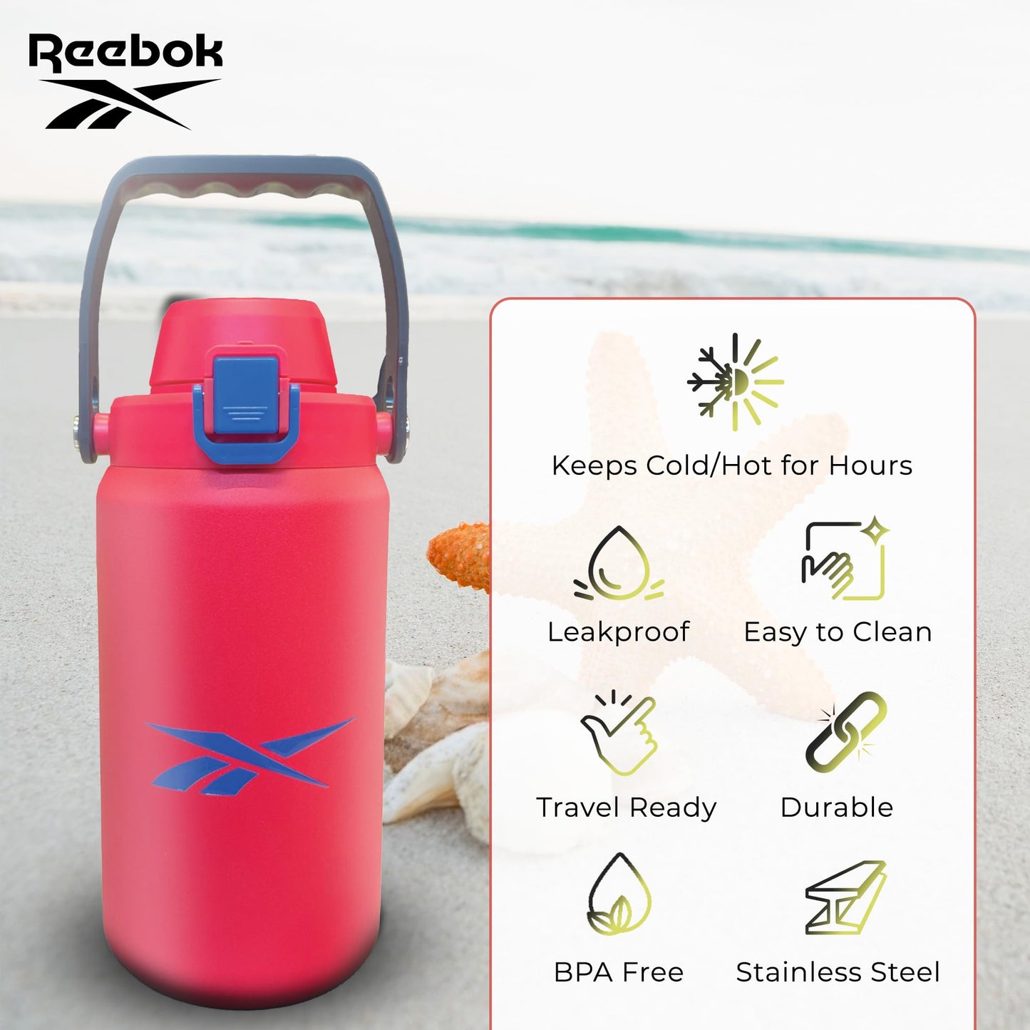 Reebok Stainless Steel Sports Wide Mouth Water Bottle | Double Wall Insulated to keep Beverages Hot & Cold, Spill Proof, BPA Free, Easy Grip Handle