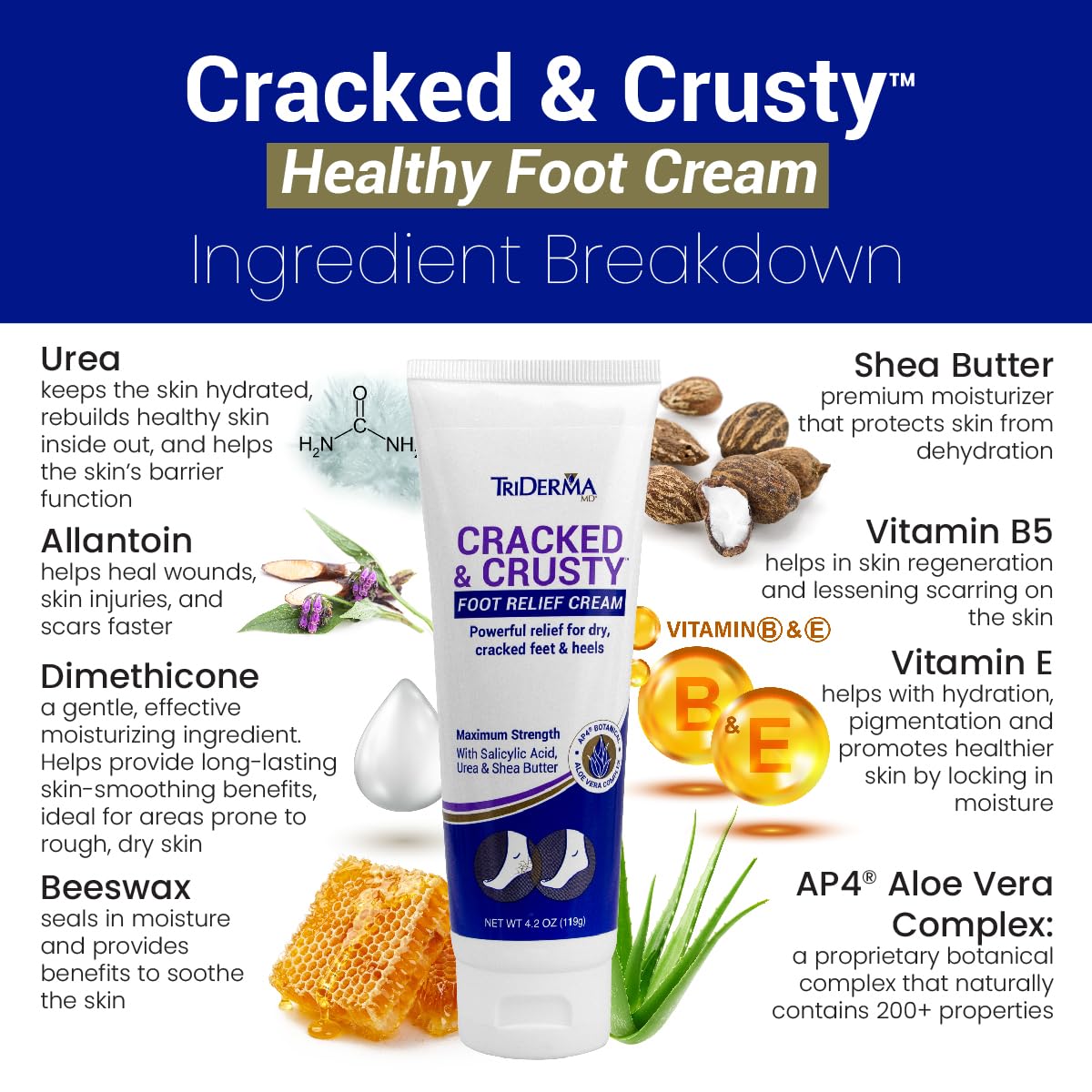 TriDerma Cracked & Crusty™ Healthy Foot Cream Moisturizes, Softens and Heals Dry Feet, Cracked Heels and Dry Elbows with Salicylic Acid, Urea, Shea